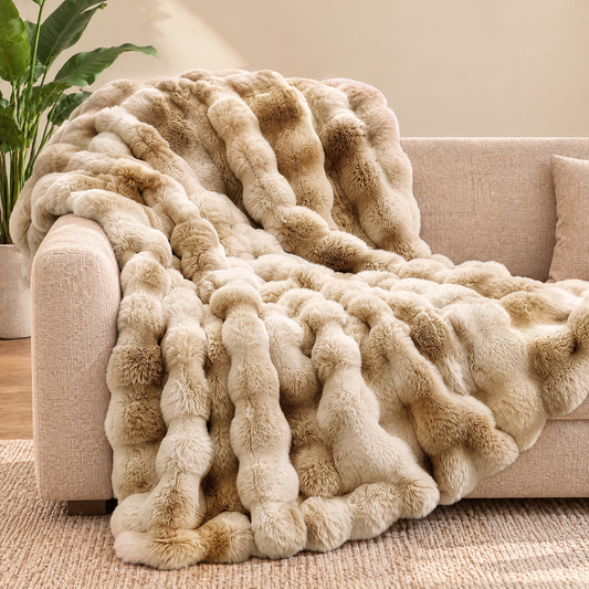 puredown®Faux Rabbit Fur Thick Throw Blanket for Couch, 1120GSM Tie-Dye Beige, Soft Thick Luxury Fluffy Cozy Blanket for Couch Sofa Bed, Warm Decorative Throw Blanket for Home Decor