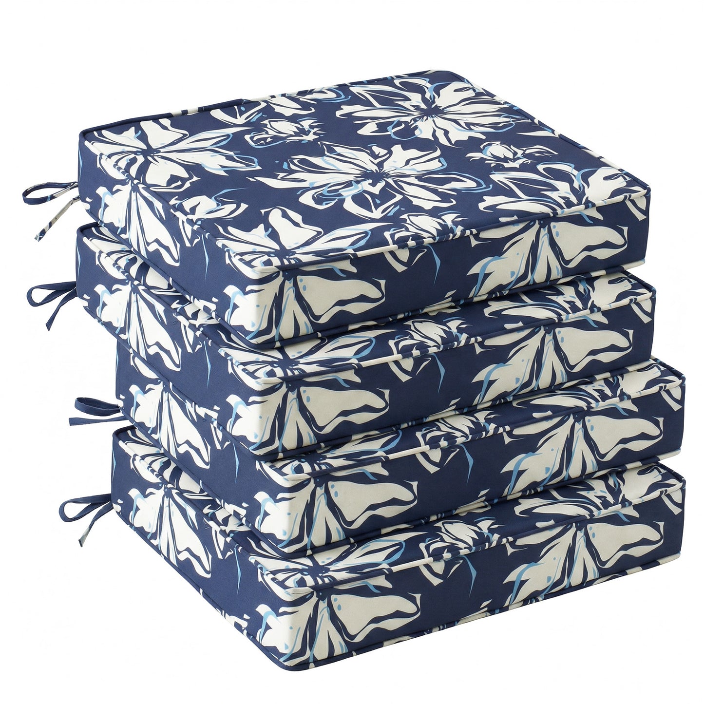 UNIKOME Outdoor Chair Cushions Set of 4, Water Resistant Patio Seat Cushions with Ties for Outdoor Furniture, High-Density Foam, UV & Fade Resistant, Piped Edge – 18.5" x 16" x 3", Blue-White Flower