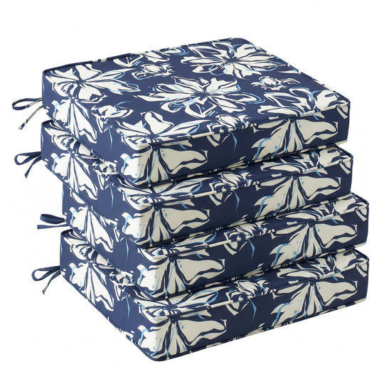 UNIKOME Outdoor Chair Cushions Set of 4, Water Resistant Patio Seat Cushions with Ties for Outdoor Furniture, High-Density Foam, UV & Fade Resistant, Piped Edge – 18.5" x 16" x 3", Blue-White Flower