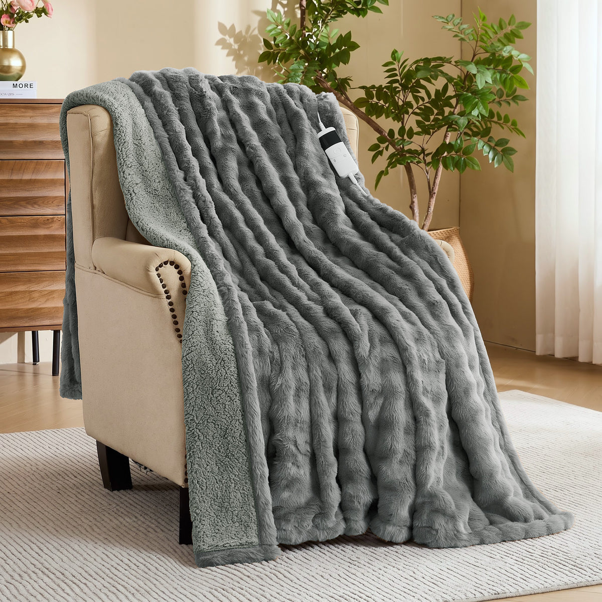puredown® Electric Blanket, Faux Fur Heated Throw Blankt, 10 Heat Levels, 1/2/4/6/8H Auto Off, Fast Heating, ETL Certified, Overheat Protection, Machine Washable