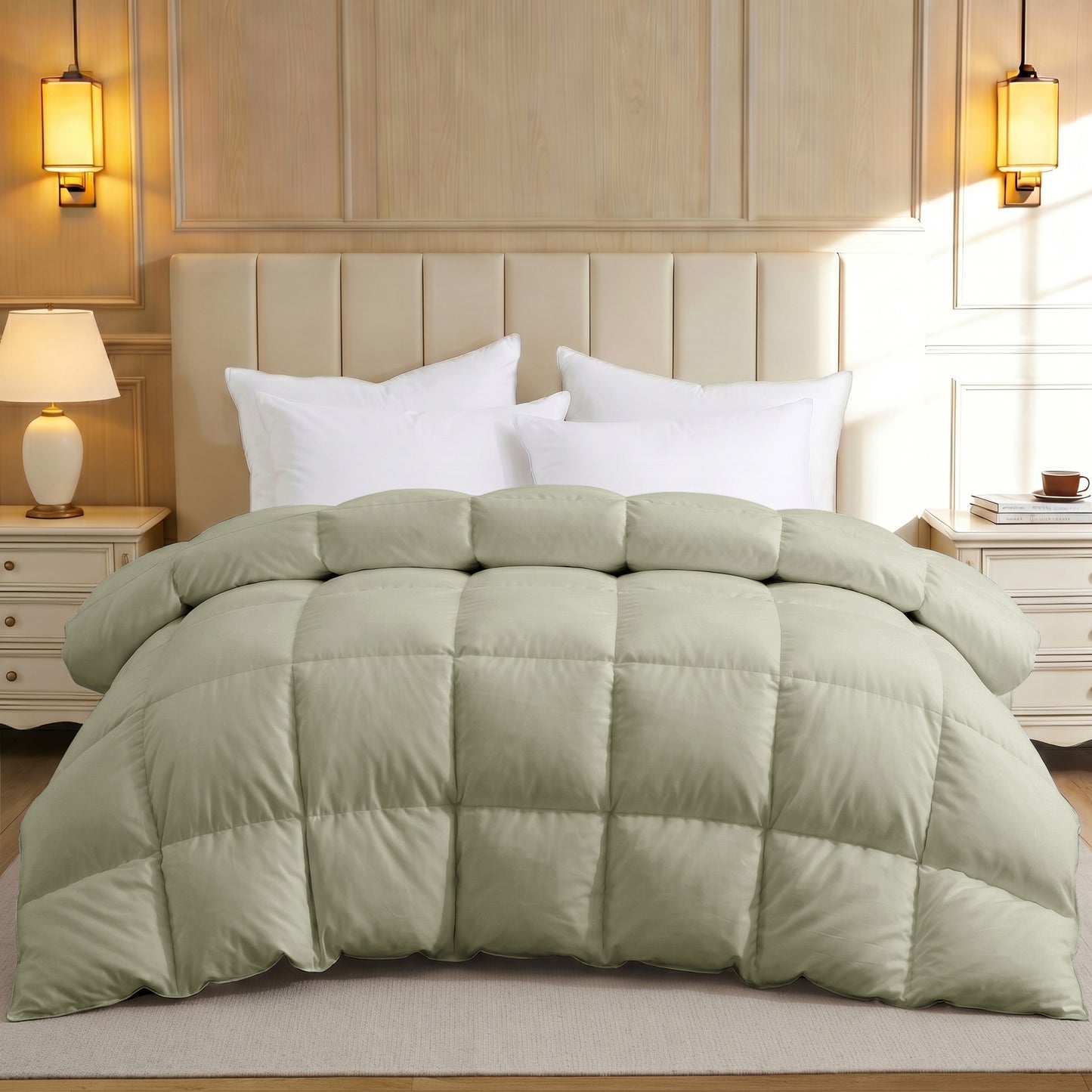 UNIKOME Goose Feather Down Fiber Comforter King Size, All Season Hotel Luxury Bedding Comforter, Ultra Soft Fluffy Duvet Insert with Downproof Cover, 8 Corner Loops (King, Sage Green, 104"X88")