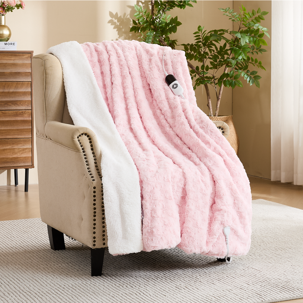 puredown® Electric Blanket 50"x60", Faux Fur Heated Throw Blankt, Pink	Rose-textured, 6 Heat Levels, 1-12H Auto Off, Fast Heating, ETL Certified, Overheat Protection, Machine Washable