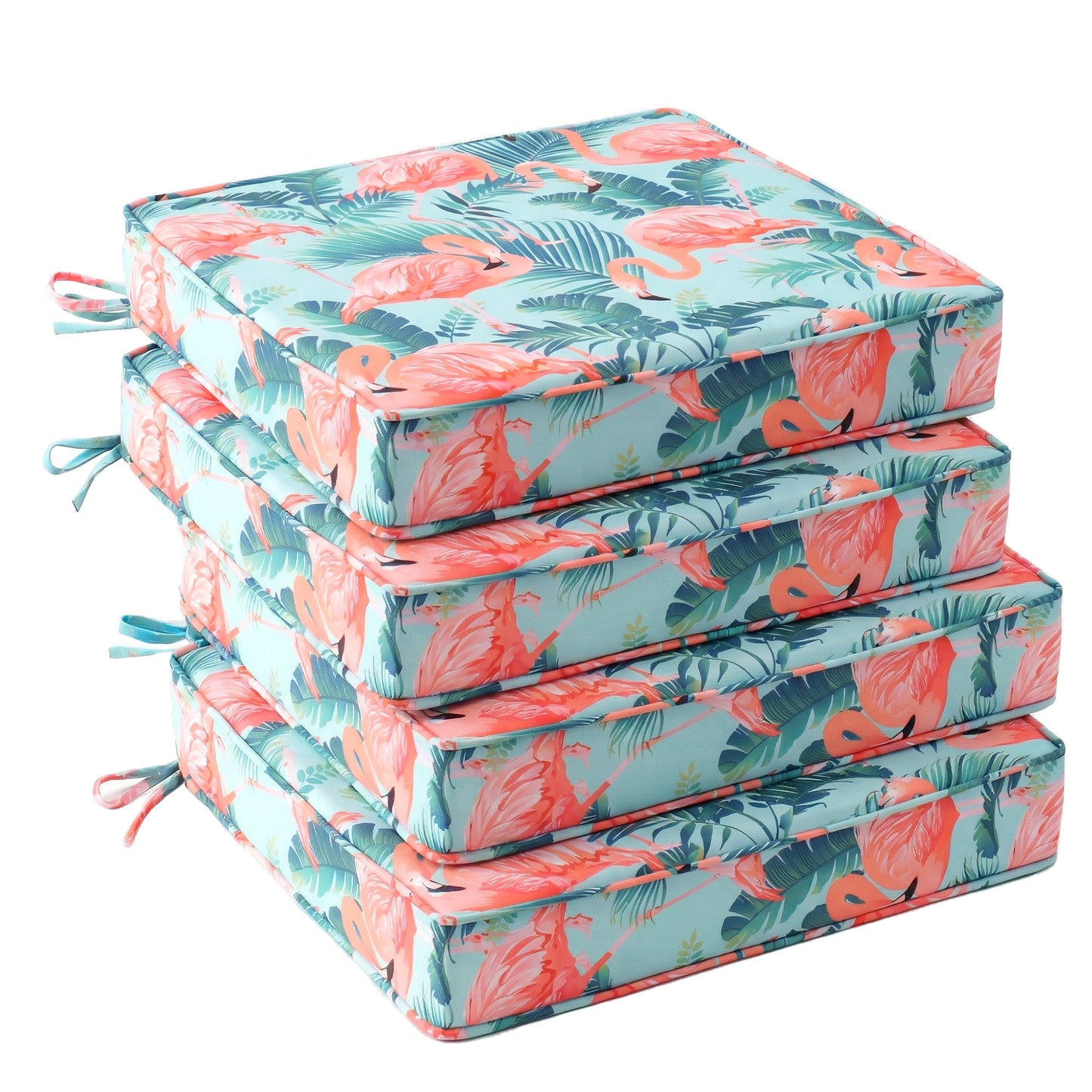 UNIKOME Outdoor Chair Cushions Set of 4, Water Resistant Patio Seat Cushions with Ties for Outdoor Furniture, High-Density Foam, UV & Fade Resistant, Piped Edge – 19" x 19" x 3", Flamingos