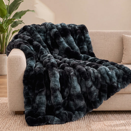 puredown®Faux Rabbit Fur Thick Throw Blanket for Couch, 1120GSM Tie-Dye Blue, Soft Thick Luxury Fluffy Cozy Blanket for Couch Sofa Bed, Warm Decorative Throw Blanket for Home Decor