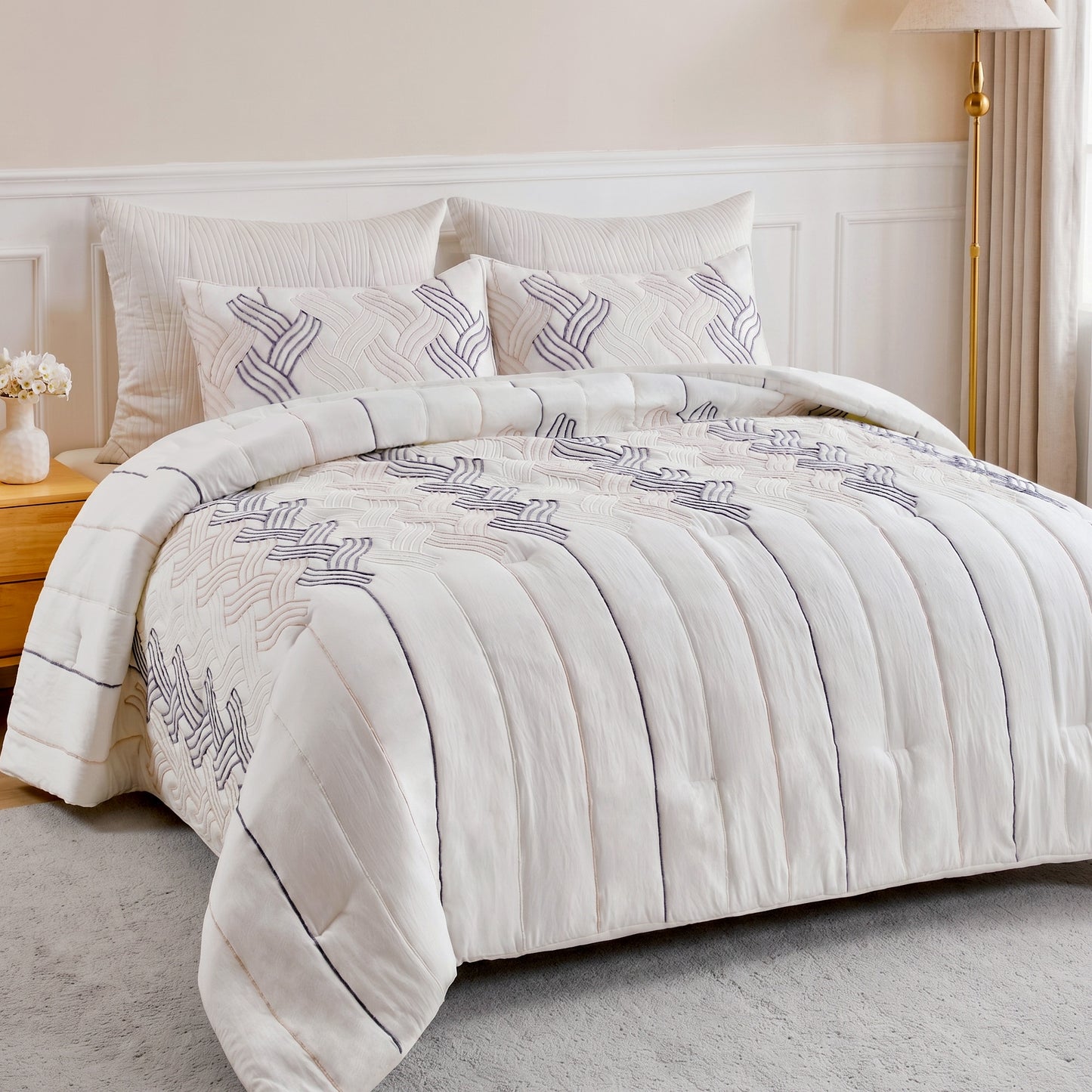 UNIKOME Queen Comforter Set White - Luxury Rope Embroidery Ultra Soft Lightweight Warm Bedding Set for All Seasons, 3 Pieces Down Alternative Bed Set with Comforter, 2 Pillowcases