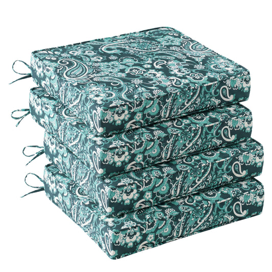UNIKOME Outdoor Chair Cushions Set of 4, Water Resistant Patio Seat Cushions with Ties for Outdoor Furniture, High-Density Foam, UV & Fade Resistant, Piped Edge – 24" x 24" x 4", Boho Teal Paisley