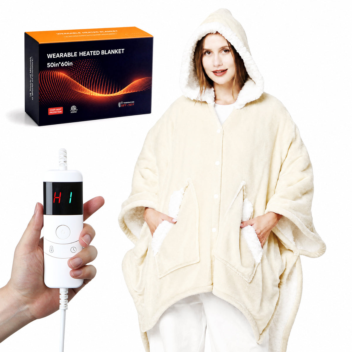 UNIKOME Wearable Heated Throw Blanket Electric Shawl，Christmas Birthday Gifts for Grandma,Mom,Elderly Women,Heated Robe Hoodie with 10 Heating Levels & 1-8 Hours Time Settings,50 x 60 Inch, Grey
