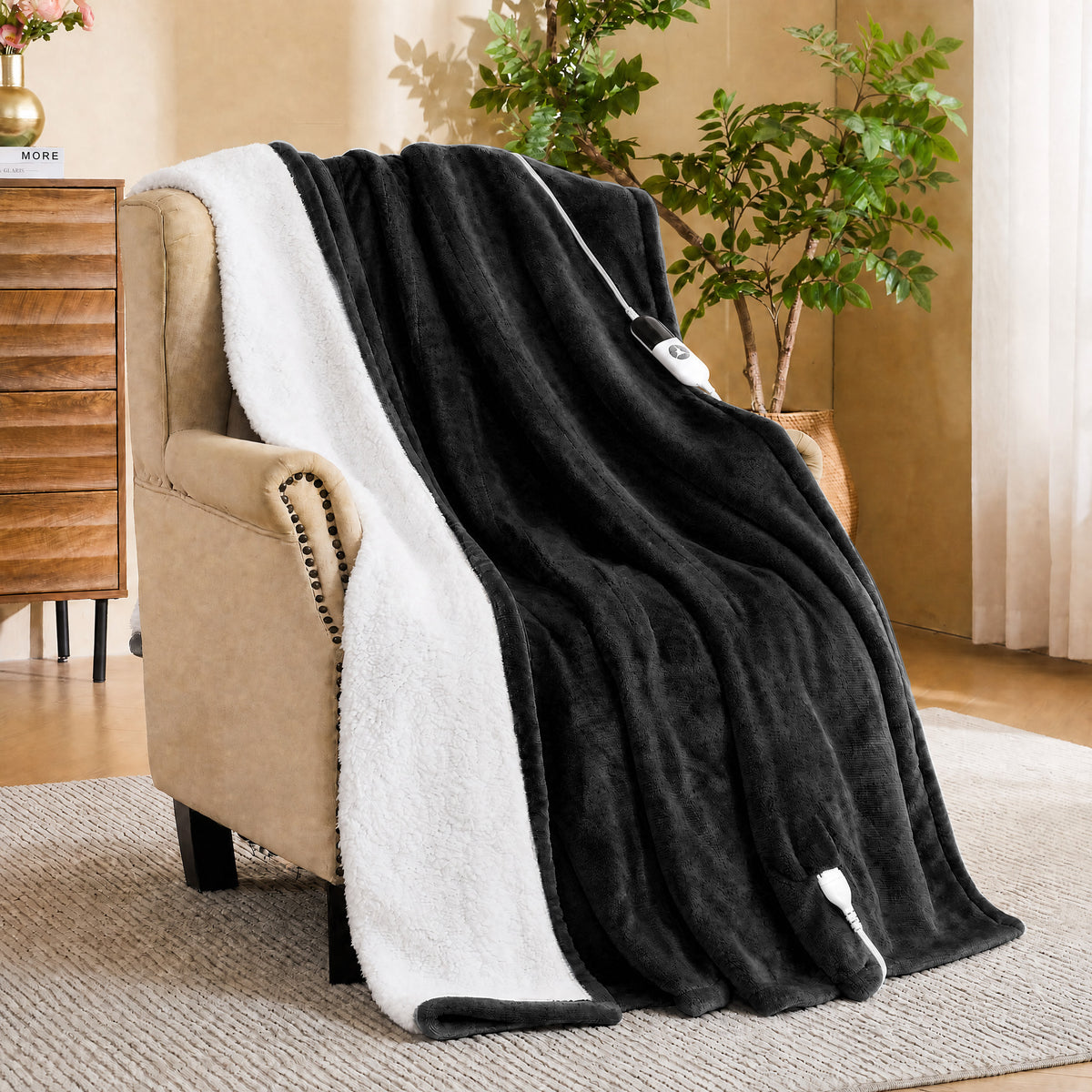 puredown® Electric Heated Blanket Throw – Soft Flannel Sherpa Heated Throw Blanket with 6 Heat Levels 1-12H Auto Off，ETL Certified Overheat Protection