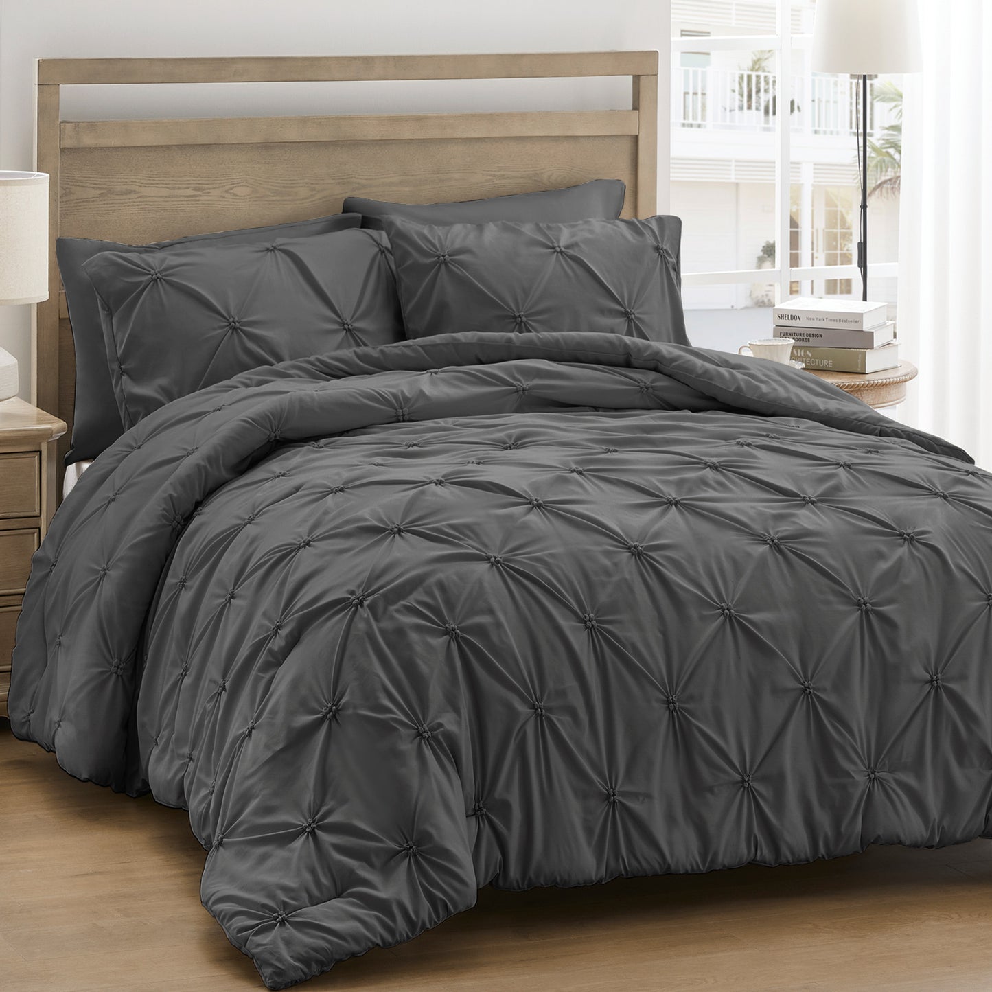 UNIKOME King Comforter Set Dark Gray - Ultra Soft Boho Pintuck Down Alternative Bedding Set for Winter, All Seasons, 3 Pieces Lightweight Warm Pinch Pleat Bed Set with Comforter, 2 Pillowcases