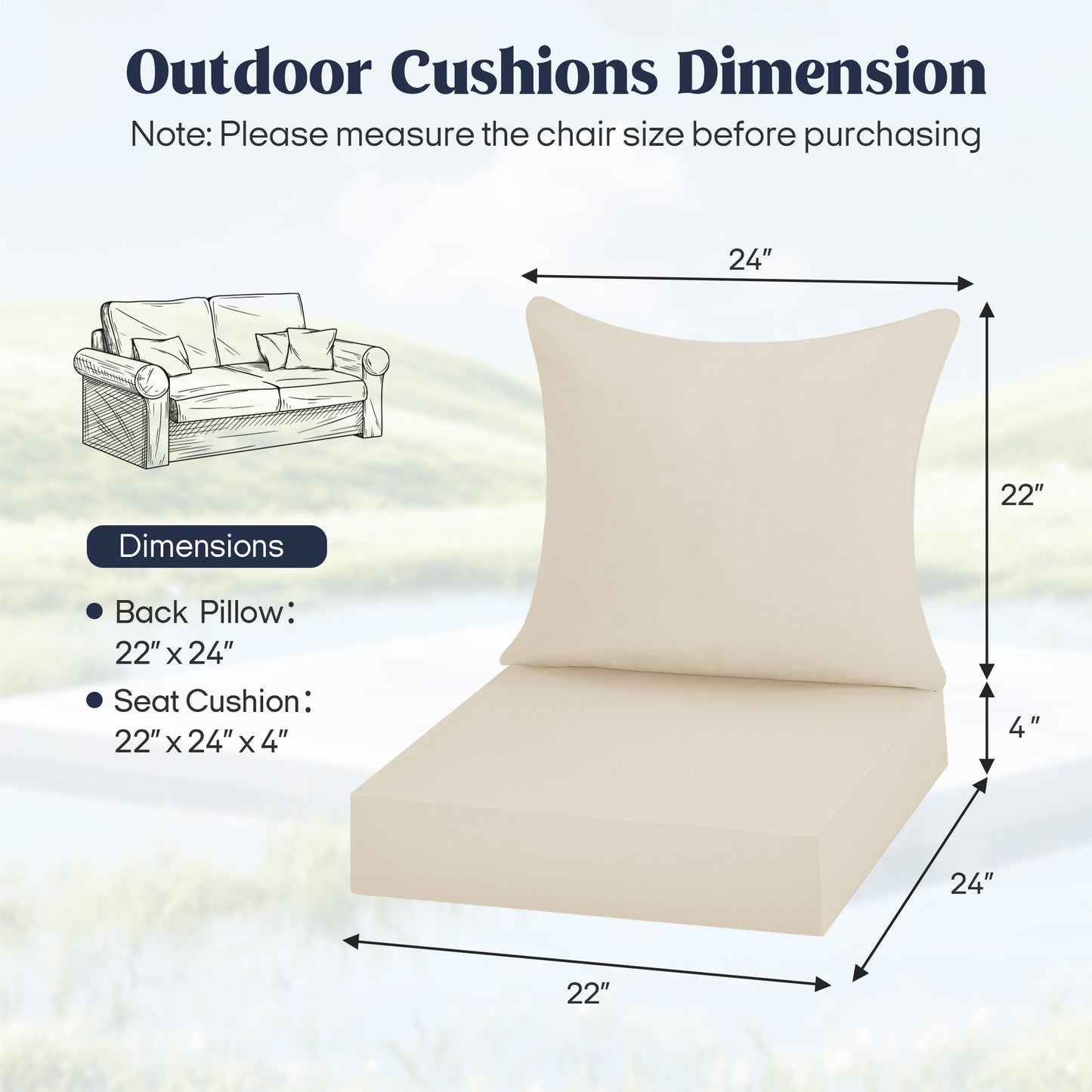UNIKOME Outdoor Seat Cushions 22 X 24 X 4 Inch, Waterproof & Fade Resistant Patio Furniture Replacement Cushions with Removable Cover for Chair, Sofa, Couch, Wicker, Beige