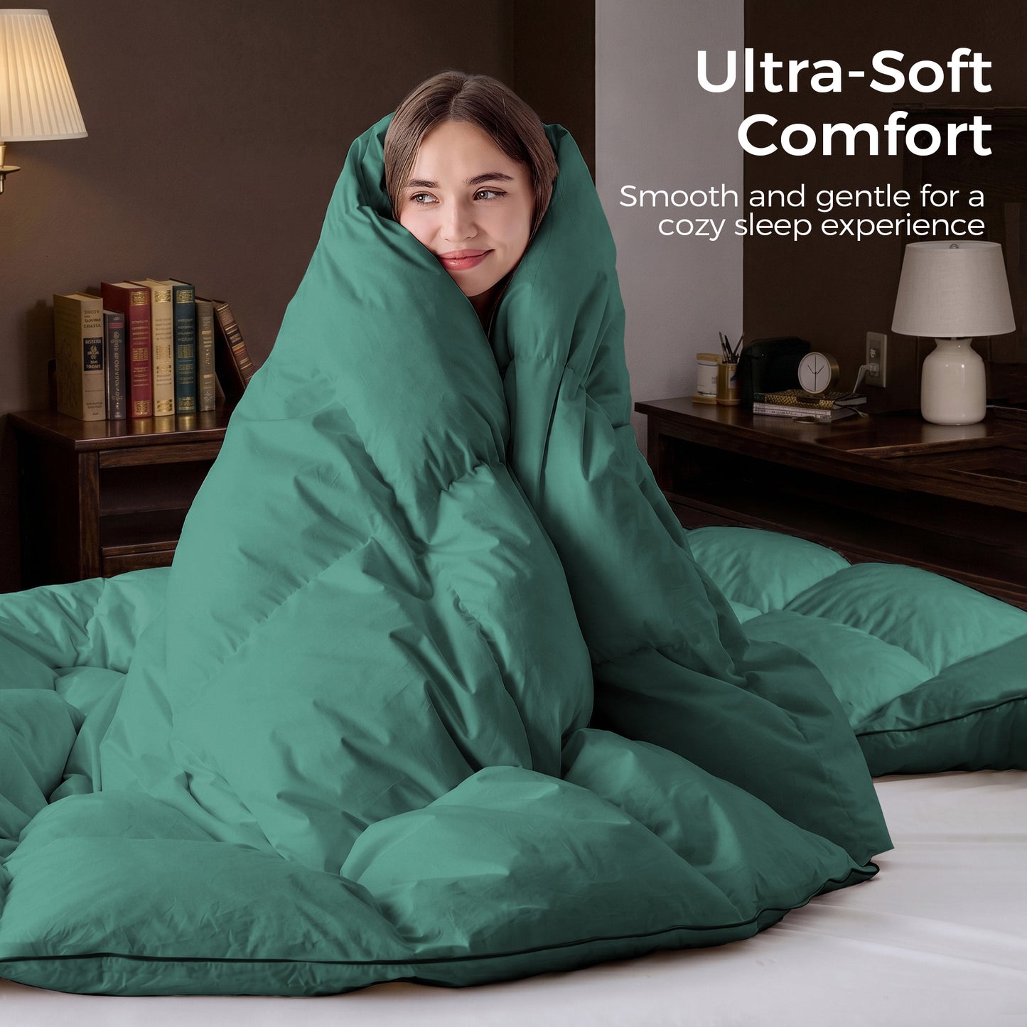 UNIKOME Goose Feather Down Fiber Comforter King Size, All Season Duvet Insert with Soft Downproof Cover, Medium Warm Hotel-Luxury Fluffy Quilted Bed Comforter (104"X88", Green)