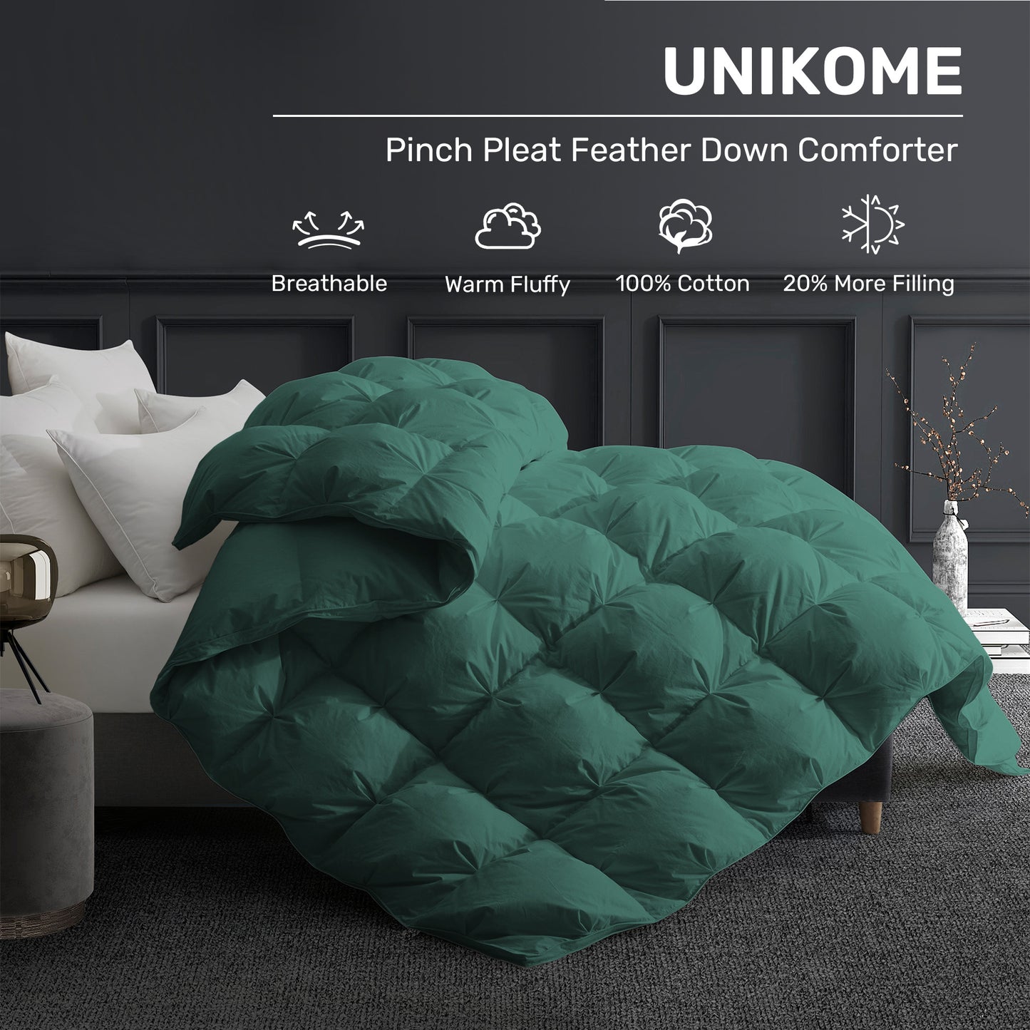 UNIKOME Queen Size Goose Feather Down Comforter - Pinch Pleat All Season Duvet Insert, 20% Extra Fill, 90oz, Cloud-Like Fluffy Hotel Luxury Green Comforter with 100% Cotton Cover (90" X 90")