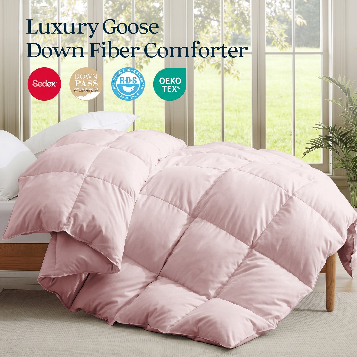 UNIKOME Goose Feather Down Fiber Comforter Twin Size, All Season Hotel Luxury Bedding Comforter, Ultra Soft Fluffy Duvet Insert with Downproof Cover, 8 Corner Loops (Twin, Pink, 68"X88")