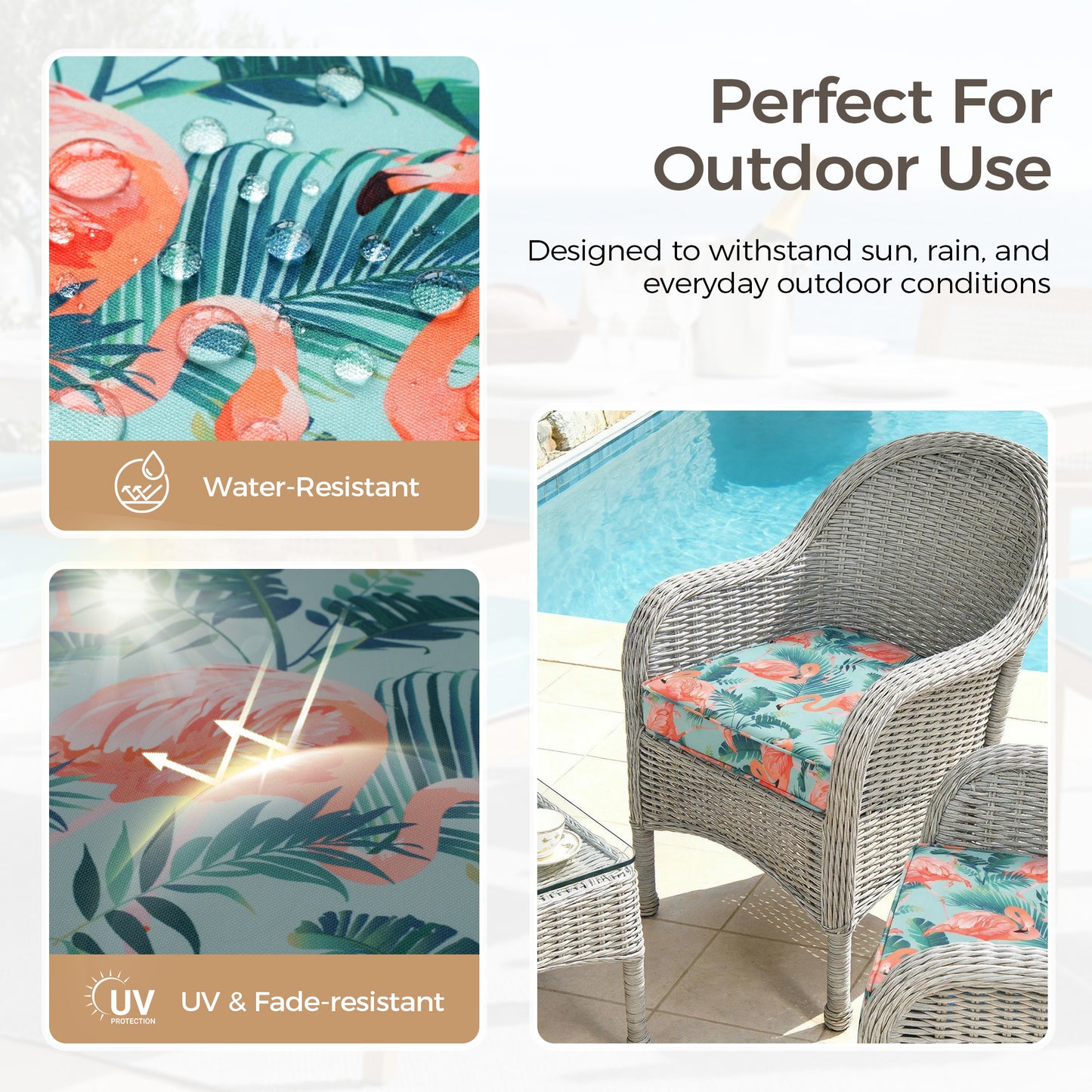 UNIKOME Outdoor Chair Cushions Set of 4, Water Resistant Patio Seat Cushions with Ties for Outdoor Furniture, High-Density Foam, UV & Fade Resistant, Piped Edge – 19" x 19" x 3", Flamingos