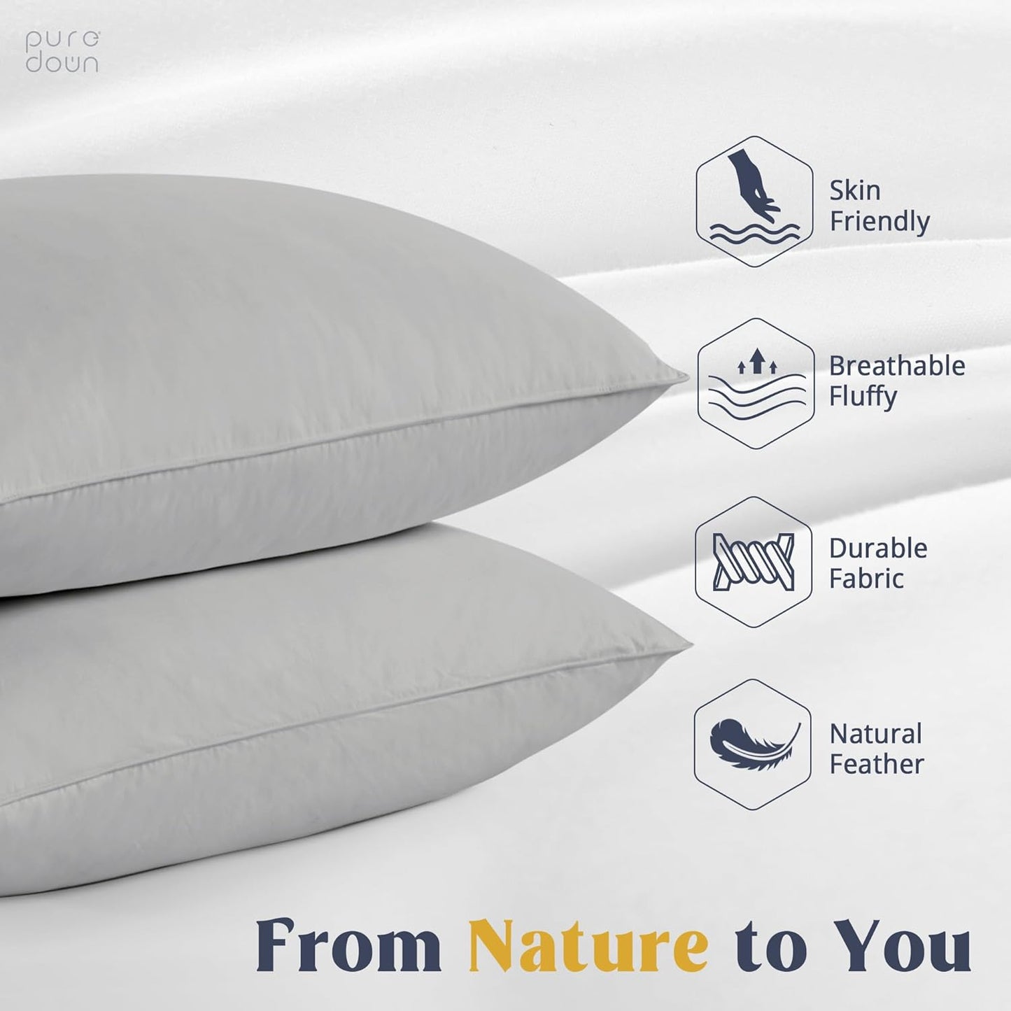 puredown® Goose Feathers Down Pillows - Bed Sleeping Hotel Collection Pillows Set of 2 with 100% Cotton Cover, Grey