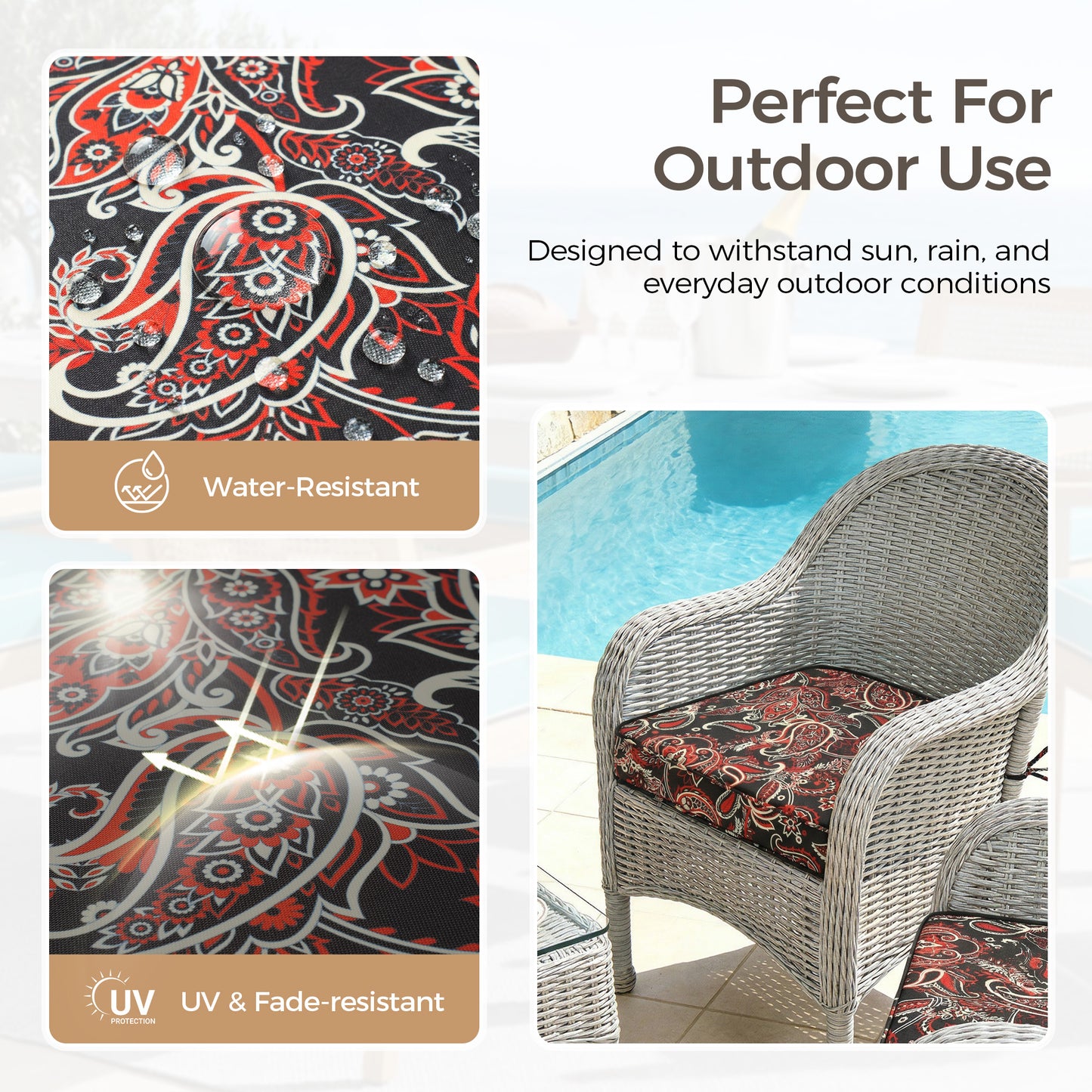 UNIKOME Outdoor Chair Cushions Set of 4, Water Resistant Patio Seat Cushions with Ties for Outdoor Furniture, High-Density Foam, UV & Fade Resistant, Piped Edge – 19" x 19" x 3", Red Paisley Floral