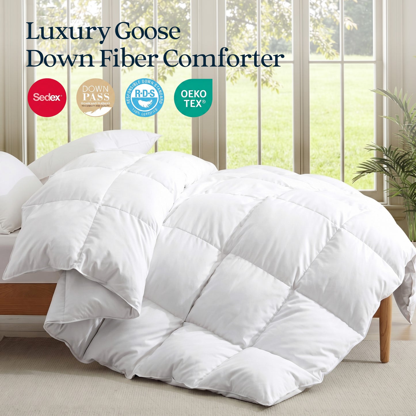 UNIKOME Goose Feather Down Fiber Comforter King Size, All Season Hotel Luxury Bedding Comforter, Ultra Soft Fluffy Duvet Insert with Downproof Cover, 8 Corner Loops (King, White, 104"X88")