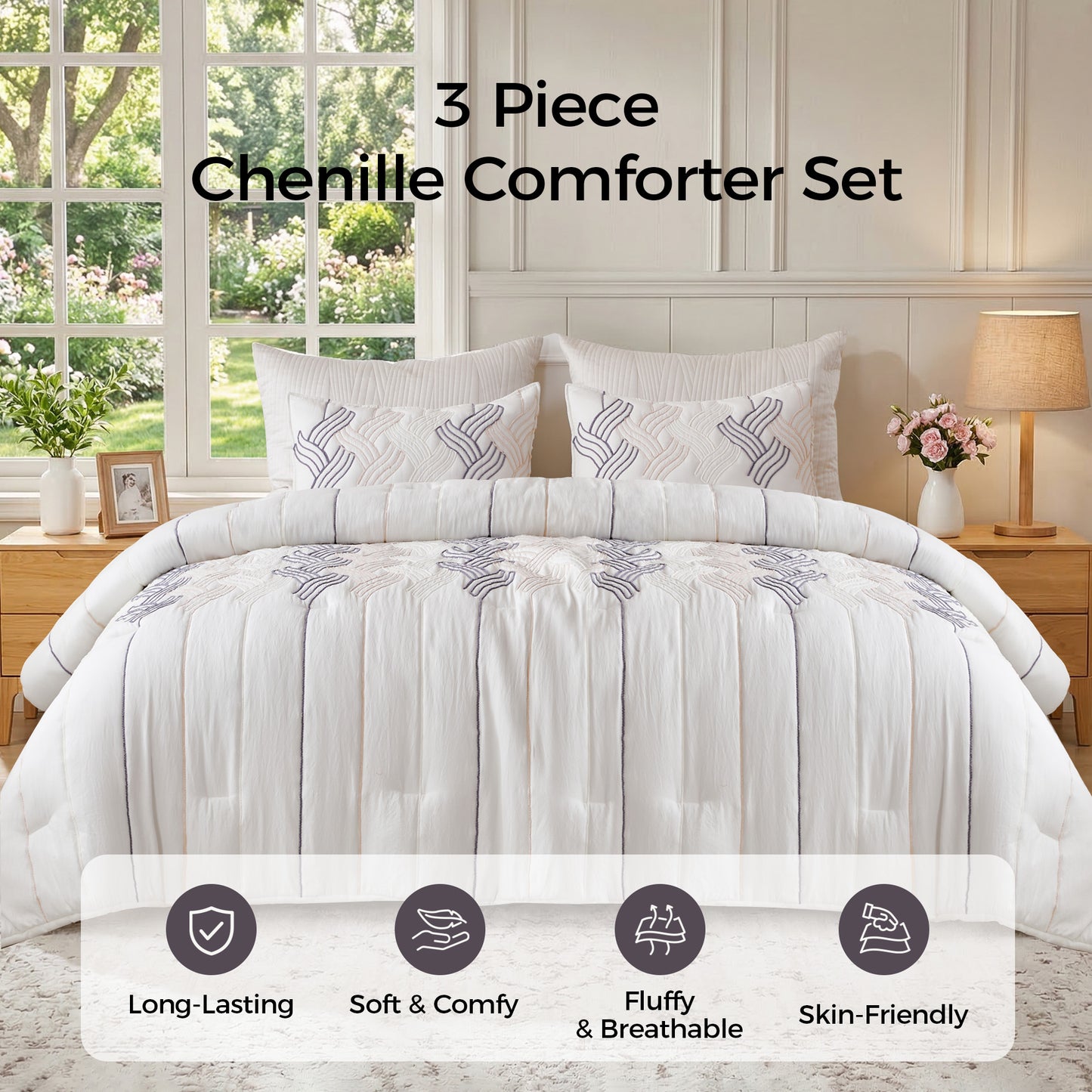 UNIKOME Queen Comforter Set White - Luxury Rope Embroidery Ultra Soft Lightweight Warm Bedding Set for All Seasons, 3 Pieces Down Alternative Bed Set with Comforter, 2 Pillowcases