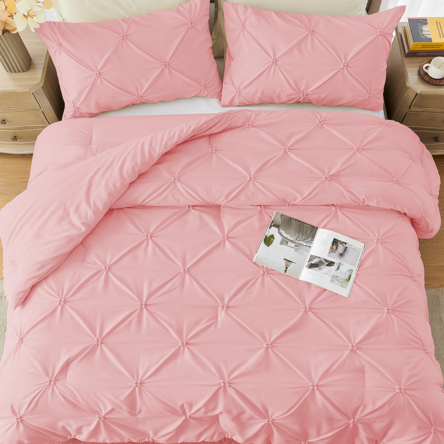 UNIKOME King Size Comforter Set Pink - Ultra Soft Boho Pintuck Down Alternative Bedding Set for Winter, All Seasons, 3 Pieces Lightweight Warm Pinch Pleat Bed Set with Comforter, 2 Pillowcases