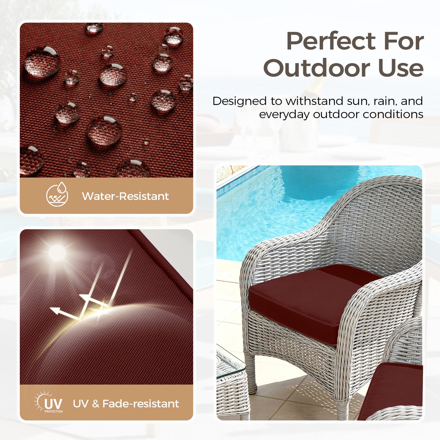 UNIKOME Outdoor Chair Cushions Set of 4, Water Resistant Patio Seat Cushions with Ties for Outdoor Furniture, High-Density Foam, UV & Fade Resistant, Piped Edge – 24" x 24" x 4", Wine Red