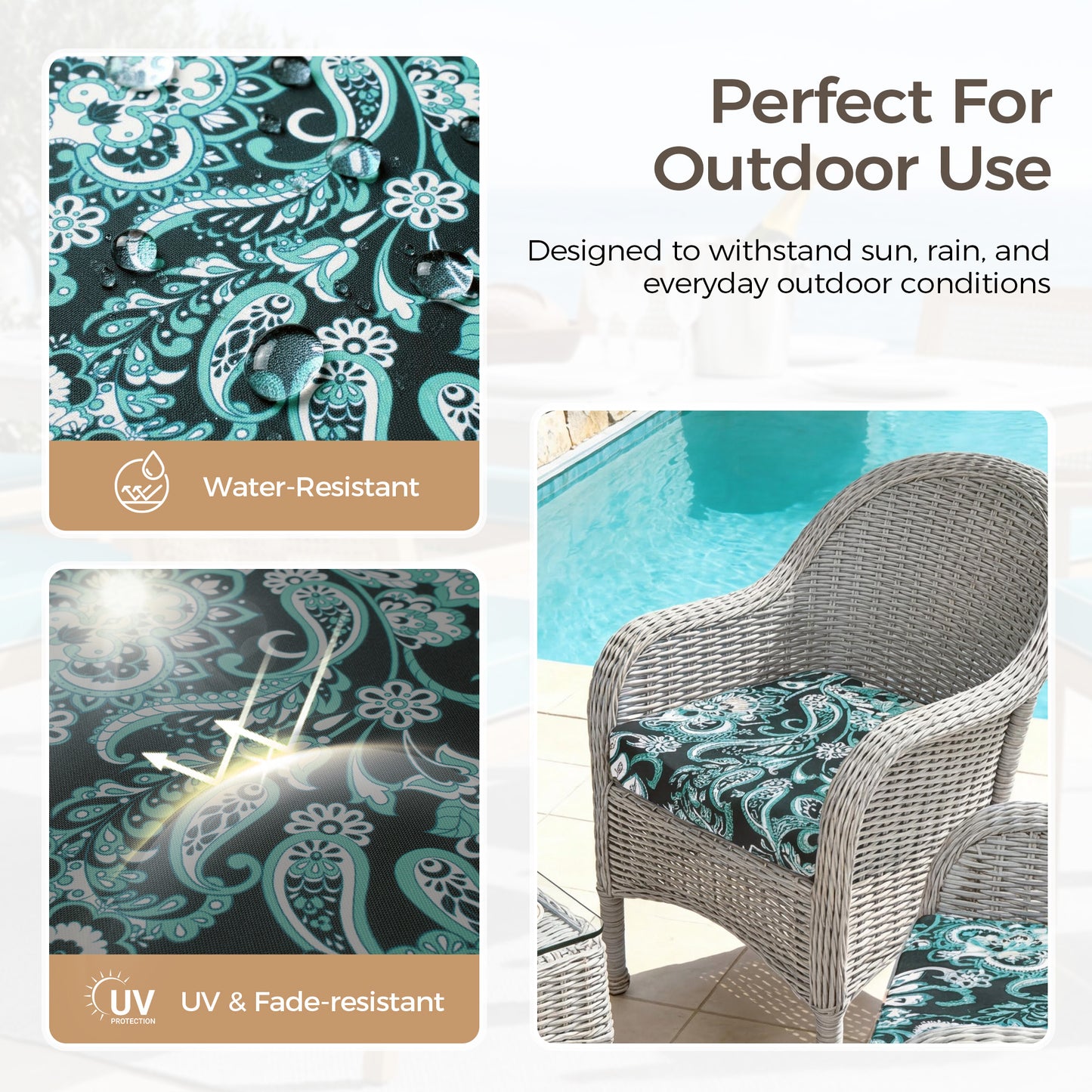 UNIKOME Outdoor Chair Cushions Set of 4, Water Resistant Patio Seat Cushions with Ties for Outdoor Furniture, High-Density Foam, UV & Fade Resistant, Piped Edge – 19" x 19" x 3", Boho Teal Paisley