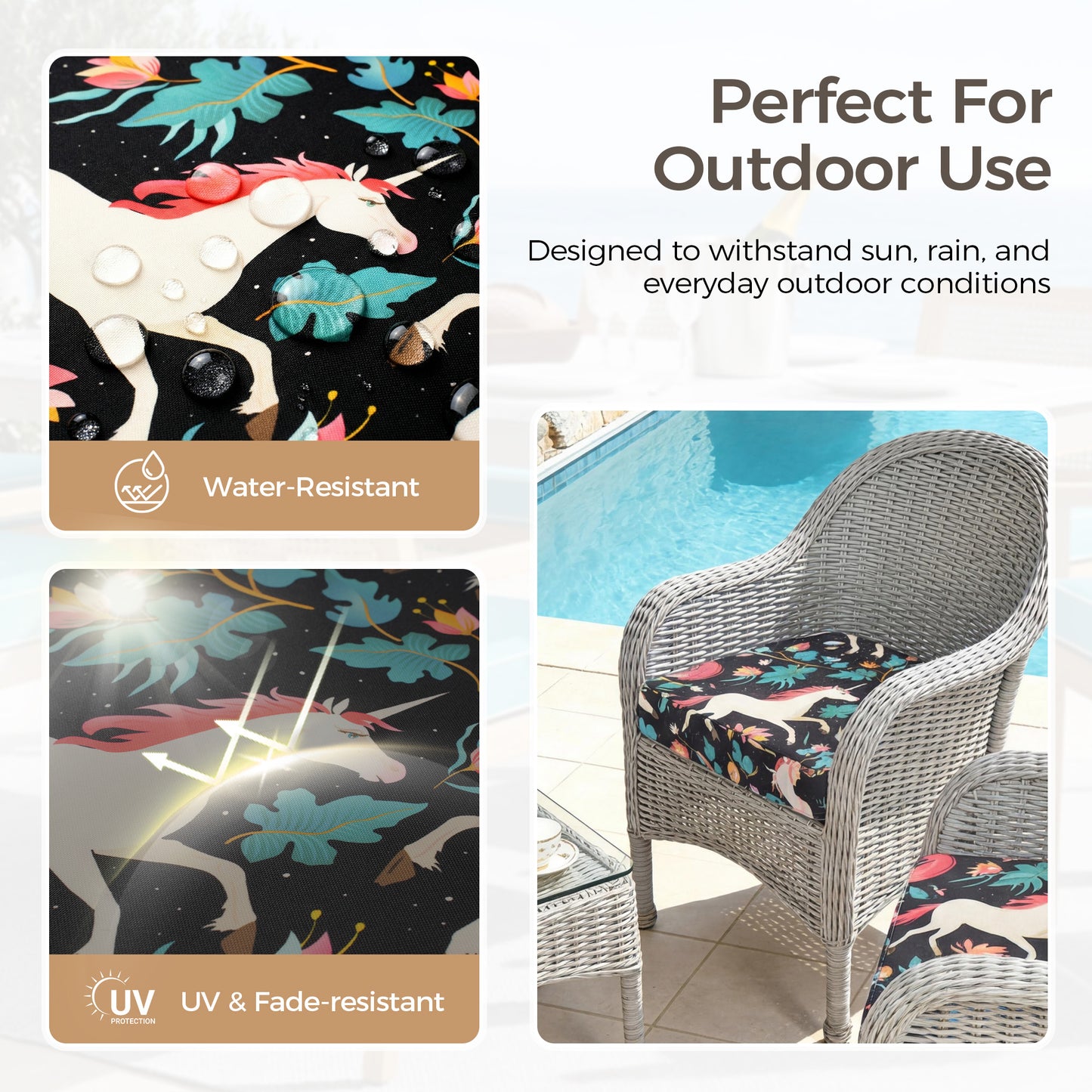 UNIKOME Outdoor Chair Cushions Set of 4, Water Resistant Patio Seat Cushions with Ties for Outdoor Furniture, High-Density Foam, UV & Fade Resistant, Piped Edge – 19" x 19" x 3", Unicorn