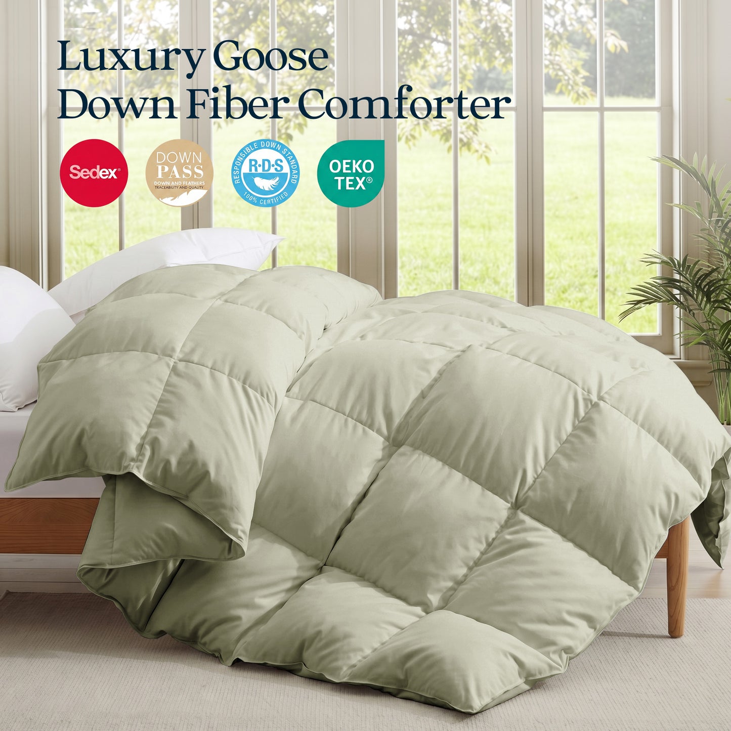UNIKOME Goose Feather Down Fiber Comforter Twin Size, All Season Hotel Luxury Bedding Comforter, Ultra Soft Fluffy Duvet Insert with Downproof Cover, 8 Corner Loops (Twin, Sage Green, 68"X88")