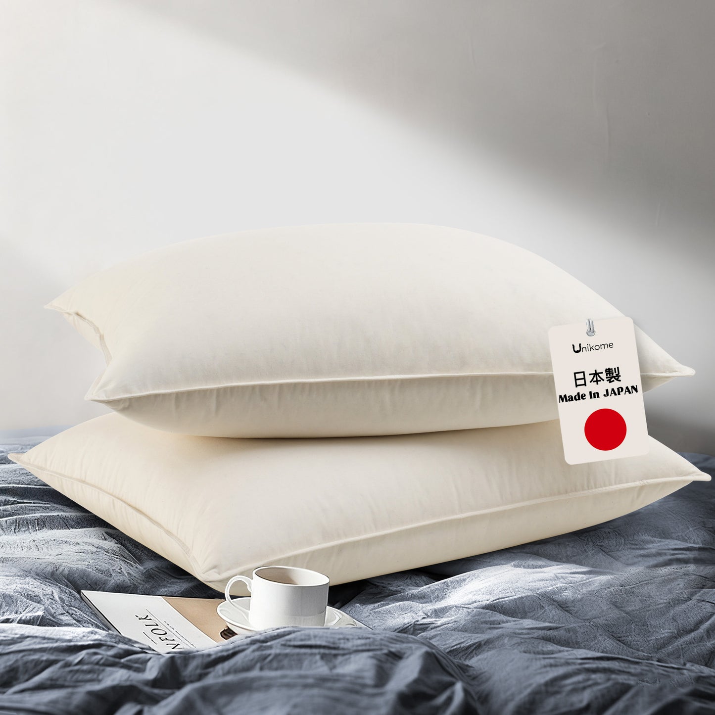 UNIKOME White Goose Down Feather Pillows - 100% Organic Cotton Cover - Queen Size Pillow Set of 2, Made in Japan Pillow for Sleeping