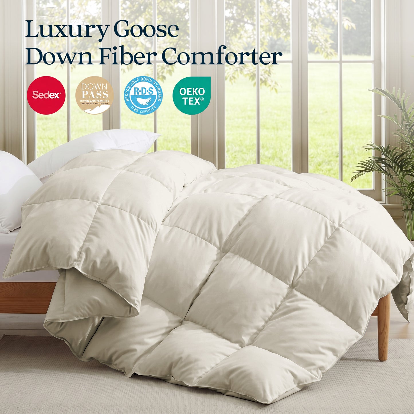UNIKOME Goose Feather Down Fiber Comforter Twin Size, All Season Hotel Luxury Bedding Comforter, Ultra Soft Fluffy Duvet Insert with Downproof Cover, 8 Corner Loops (Twin, Cream, 68"X88")
