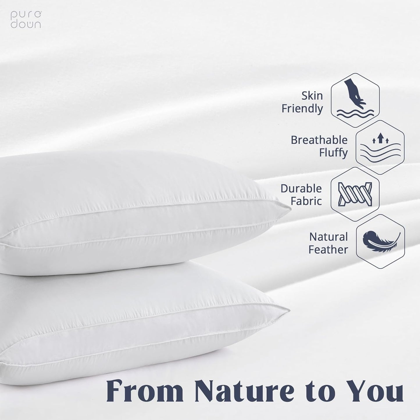 puredown® Goose Feather Down Pillows, Soft Bed Pillows for Sleeping with 100% Cotton Shell Set of 2