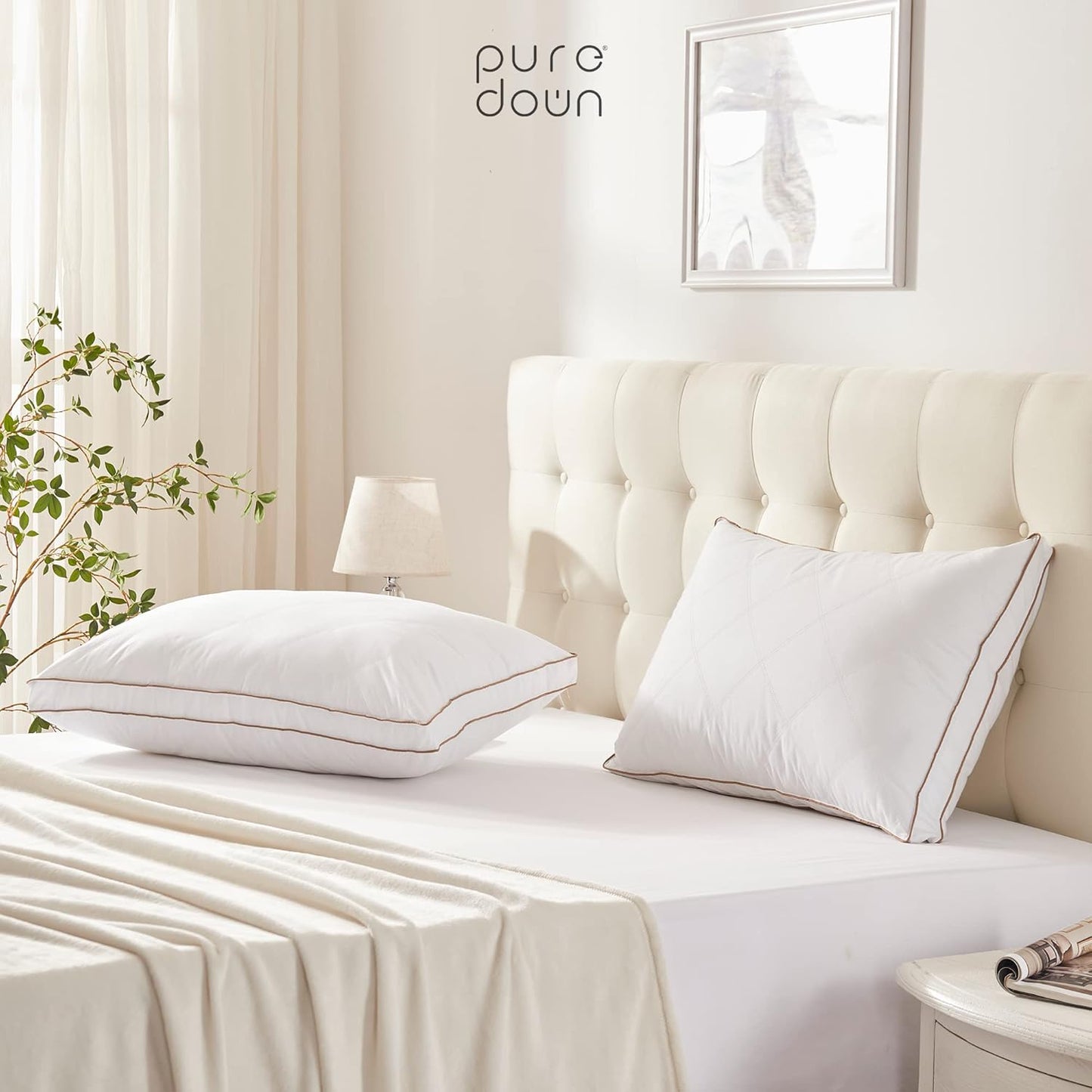 puredown® Goose Feathers and Down Pillow for Sleeping Hotel Collection Bed Pillows, Gusseted, Standard/Queen, Set of 2