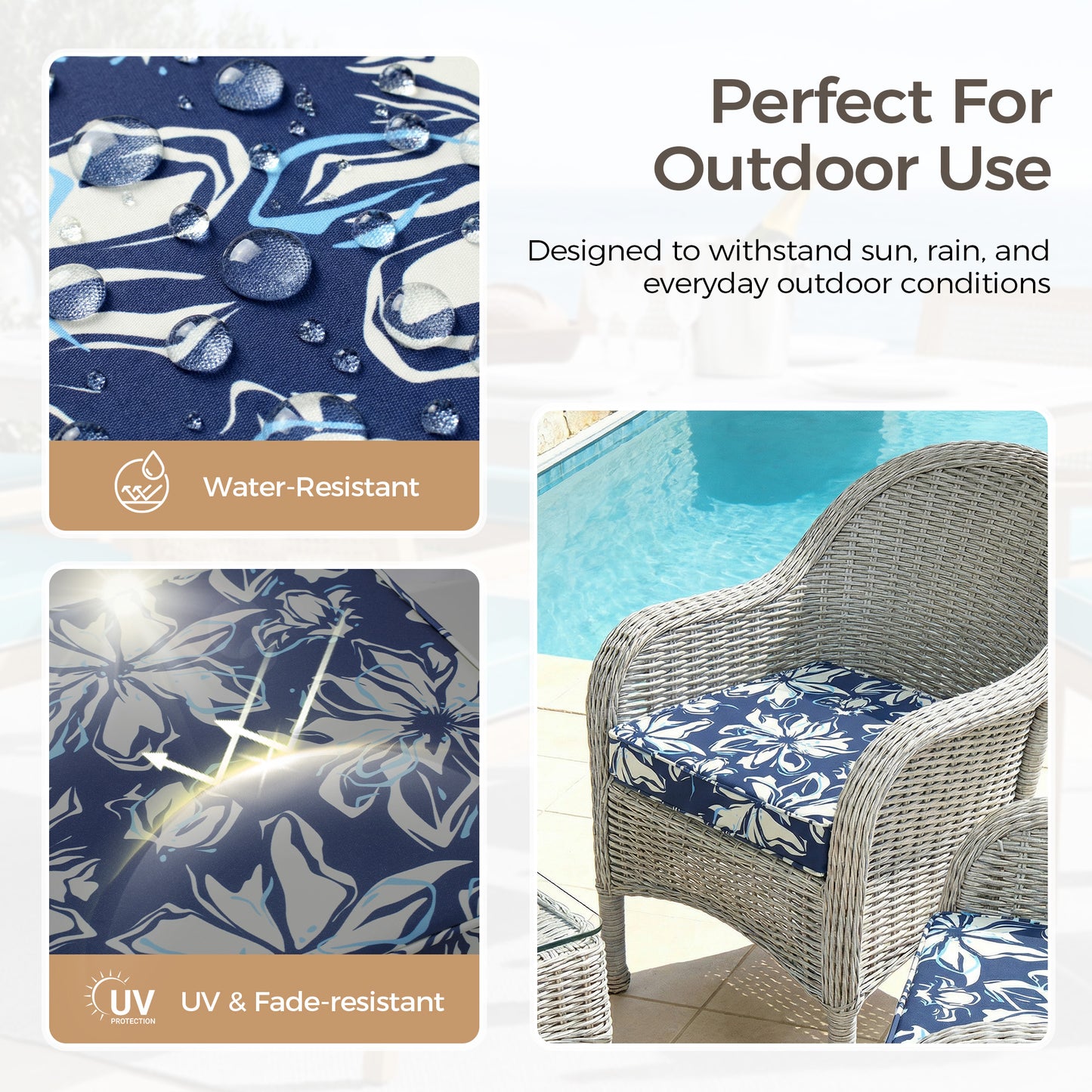 UNIKOME Outdoor Chair Cushions Set of 4, Water Resistant Patio Seat Cushions with Ties for Outdoor Furniture, High-Density Foam, UV & Fade Resistant, Piped Edge – 18.5" x 16" x 3", Blue-White Flower