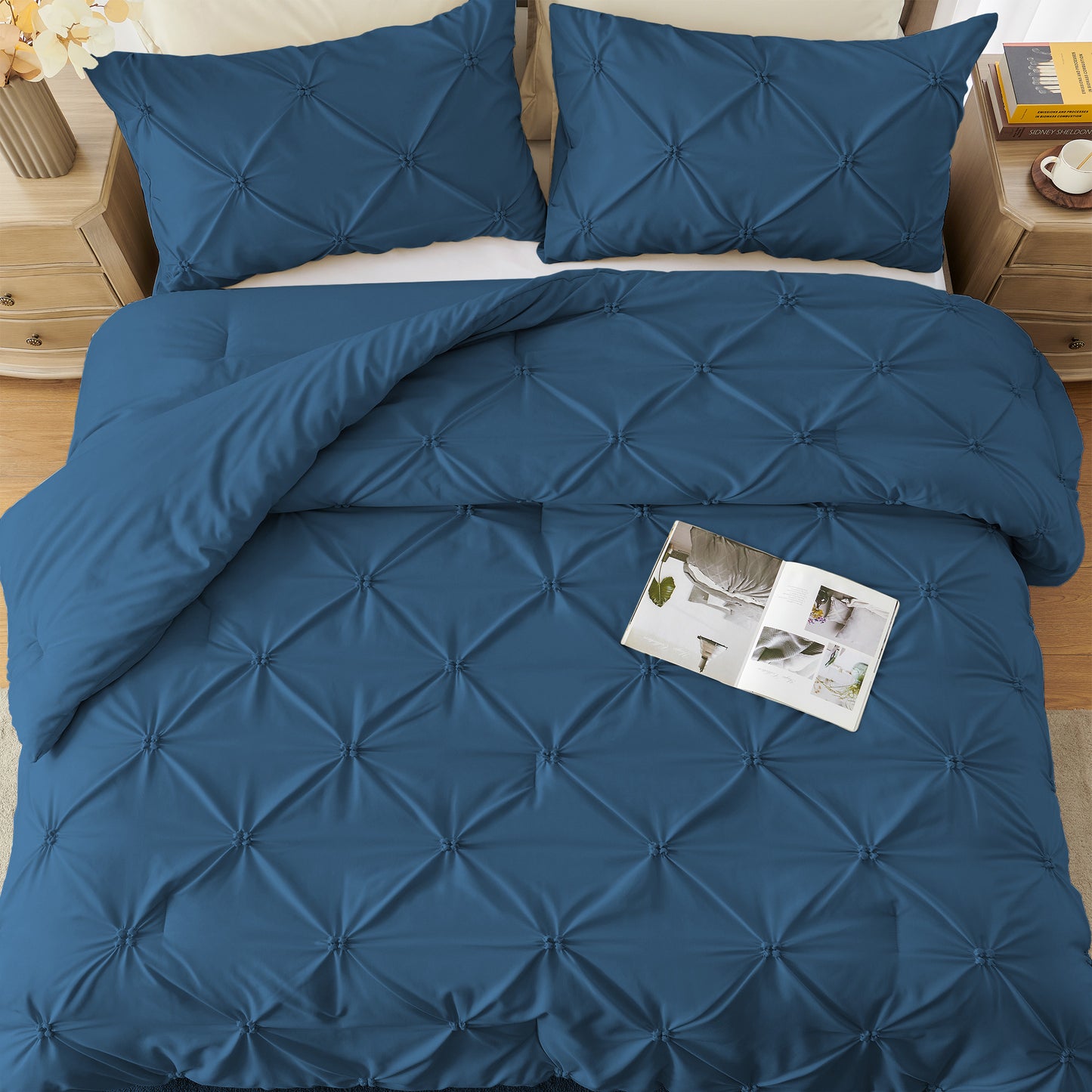 UNIKOME Queen Comforter Set Navy/Royal Blue - Lightweight Soft Pintuck Down Alternative Bedding Set for Summer, All Seasons, 3 Pieces Pinch Pleat Solid Bed Set with Comforter, 2 Pillowcases