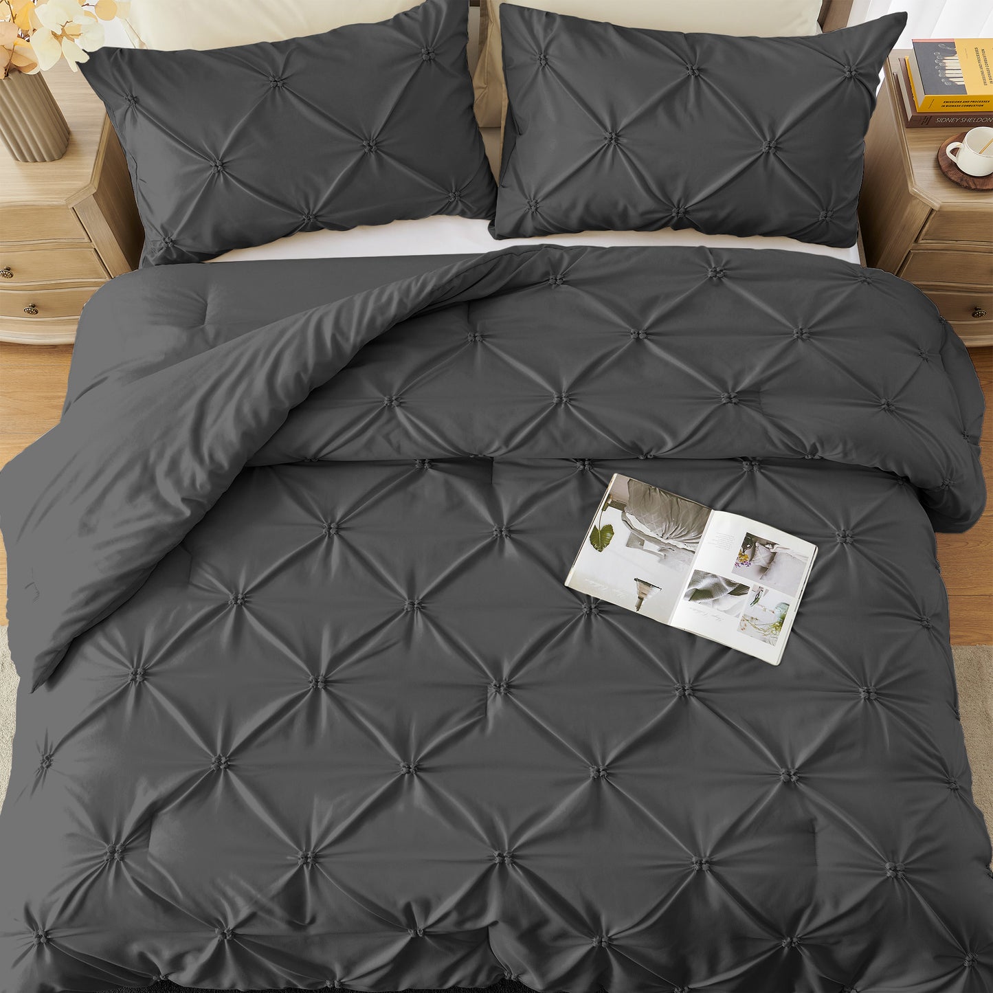 UNIKOME King Comforter Set Dark Gray - Ultra Soft Boho Pintuck Down Alternative Bedding Set for Winter, All Seasons, 3 Pieces Lightweight Warm Pinch Pleat Bed Set with Comforter, 2 Pillowcases