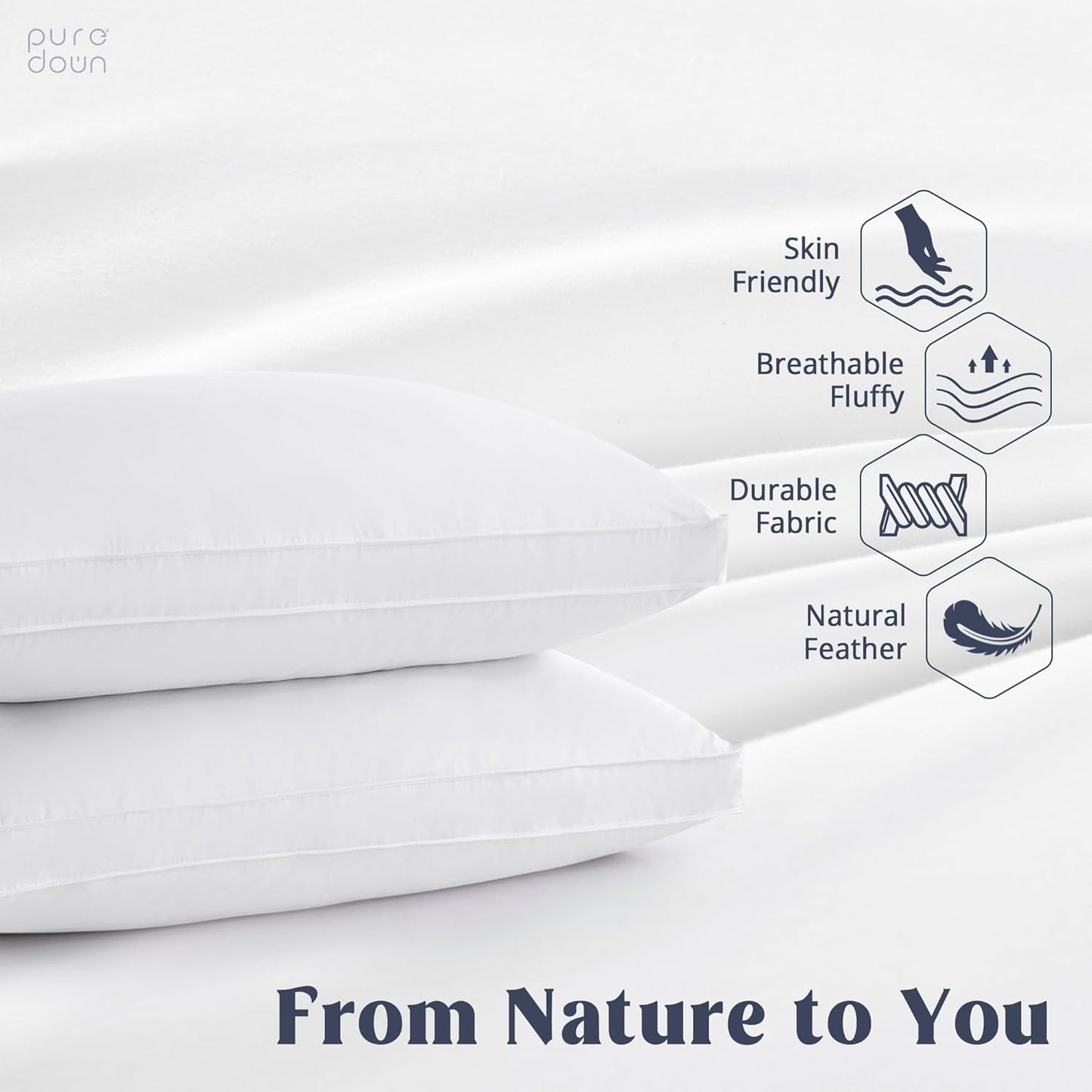 puredown® Goose Feather Down Pillows, Gusseted Bed Pillows for Sleeping 100% Cotton Cover, Set of 2