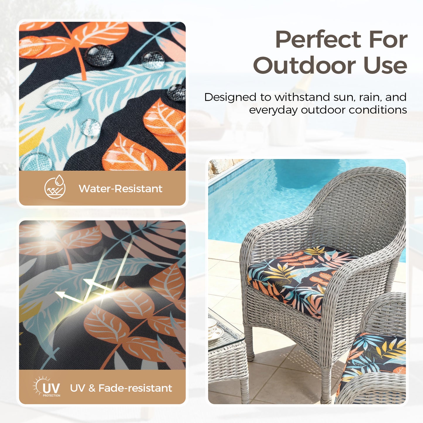 UNIKOME Outdoor Chair Cushions Set of 4, Water Resistant Patio Seat Cushions with Ties for Outdoor Furniture, High-Density Foam, UV & Fade Resistant, Piped Edge – 24" x 24" x 4", Colorful Leaves