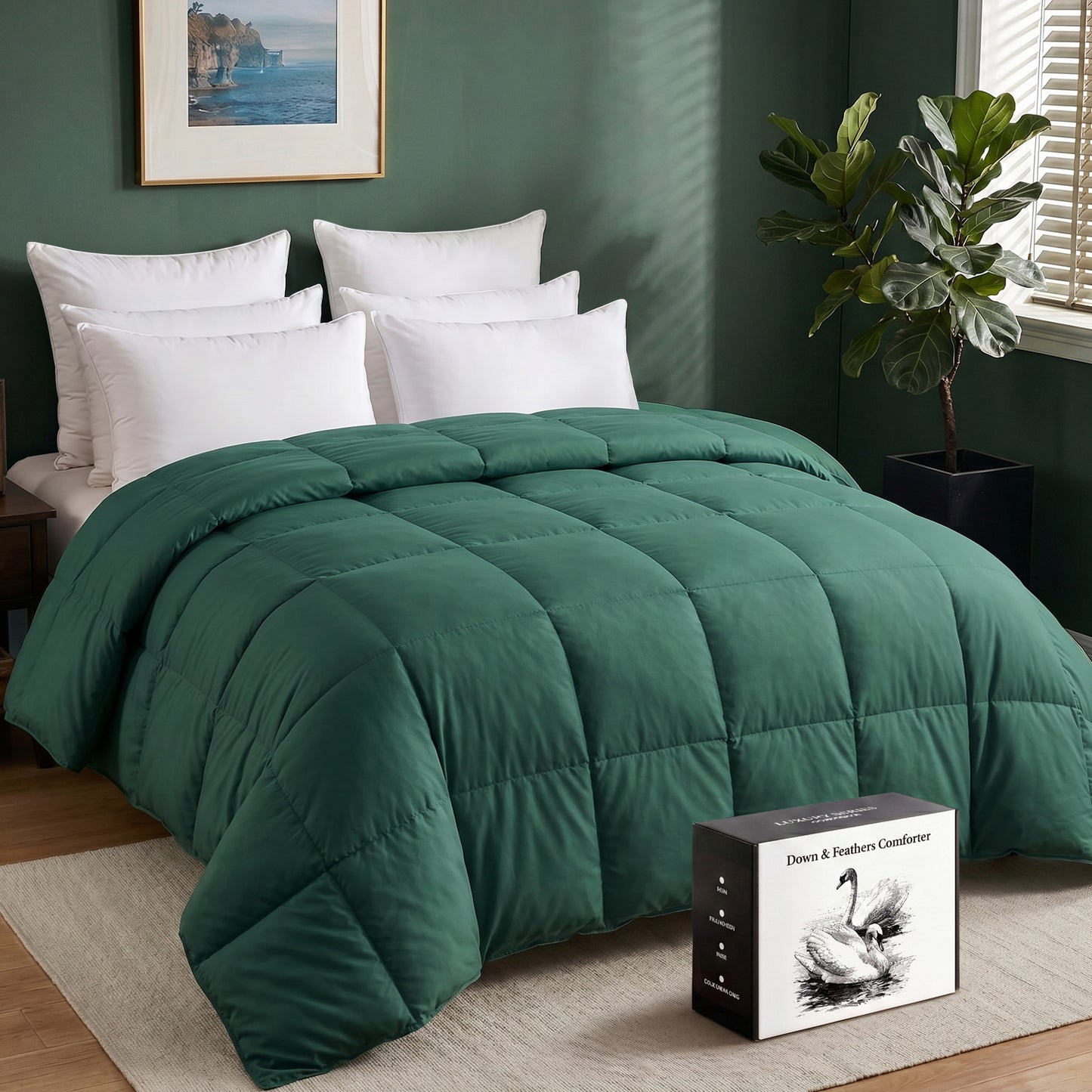 UNIKOME Lightweight Goose Feather Down Fiber Comforter California King, Duvet Insert with Soft Downproof Cover for Summer/Hot Sleepers, Hotel-Luxury Fluffy Bed Comforter (108"X94", Green)