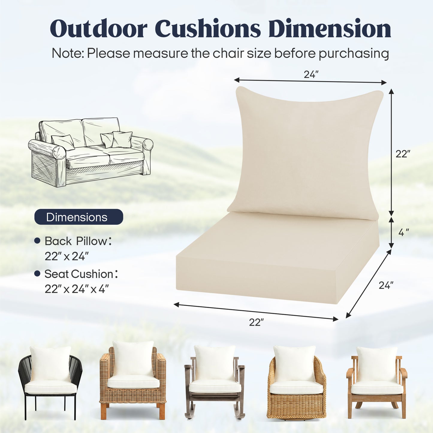UNIKOME Outdoor Seat Cushions 22 X 24 X 4 Inch, Waterproof & Fade Resistant Patio Furniture Replacement Cushions with Removable Cover for Chair, Sofa, Couch, Wicker, Beige