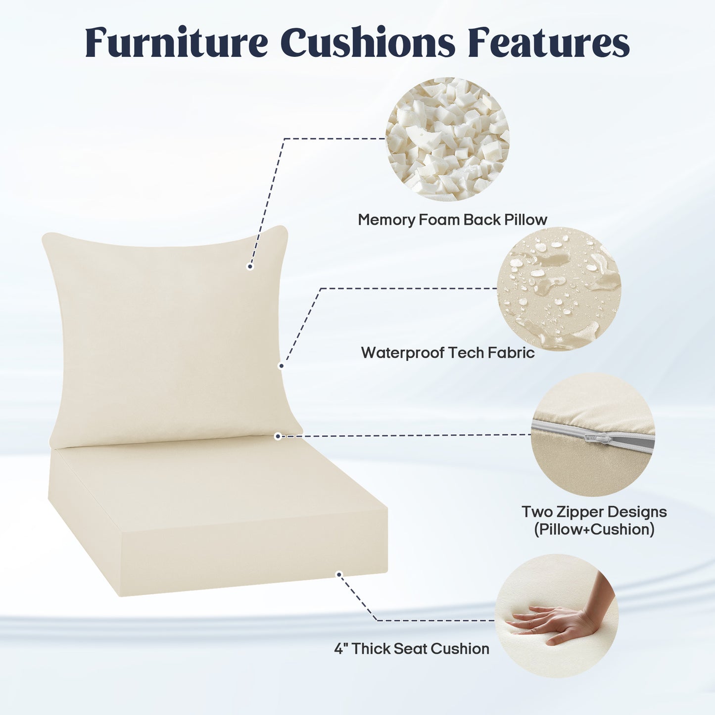 UNIKOME Outdoor Seat Cushions 22 X 24 X 4 Inch, Waterproof & Fade Resistant Patio Furniture Replacement Cushions with Removable Cover for Chair, Sofa, Couch, Wicker, Beige