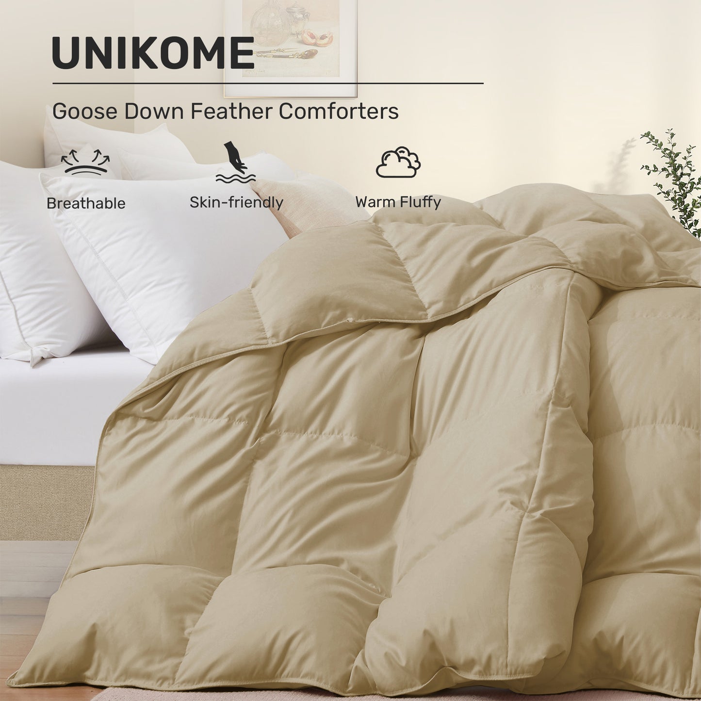 UNIKOME California Size Goose Feather Down Fiber Comforter, All Season Duvet Insert with Soft Downproof Cover, Fluffy Hotel Collection Bed Comforter with Corner Tabs (Ginger Yellow, 108" X 94")