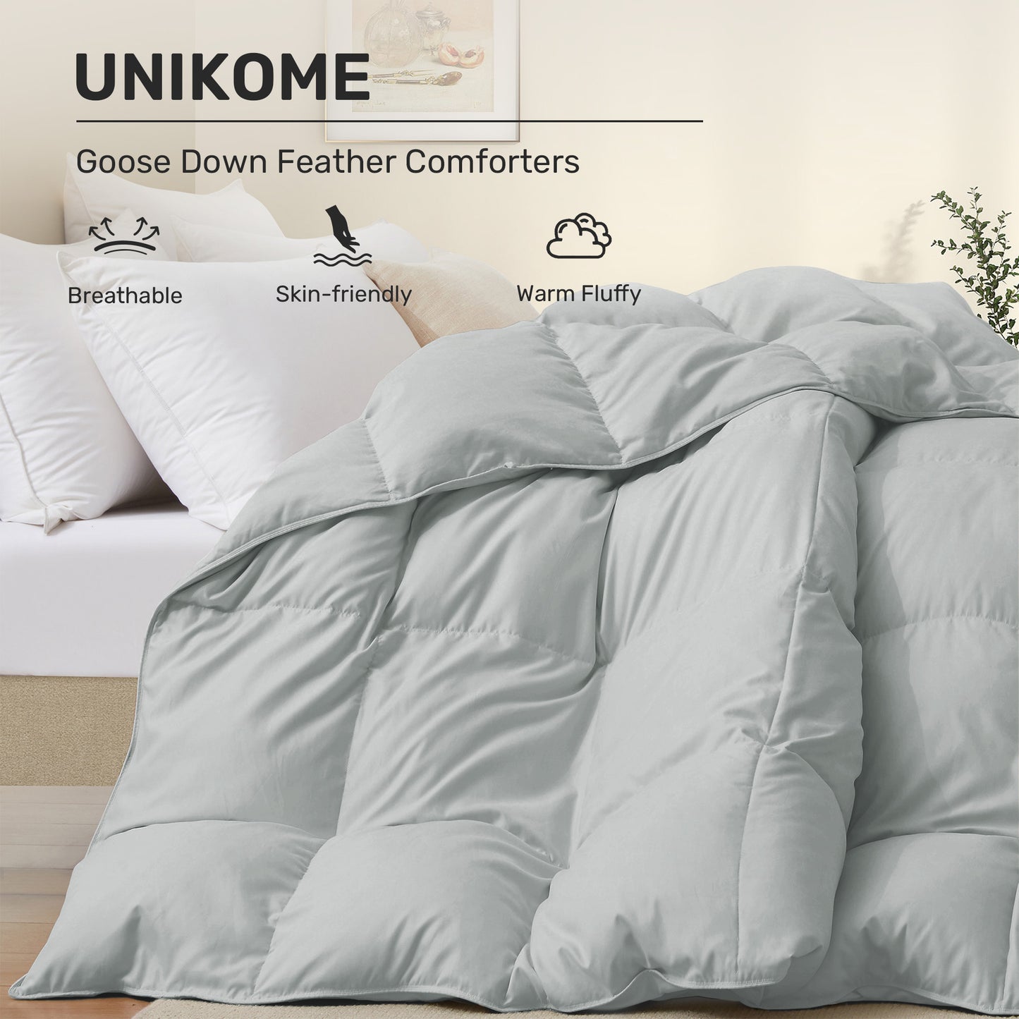 UNIKOME California Size Goose Feather Down Fiber Comforter, All Season Duvet Insert with Soft Downproof Cover, Fluffy Hotel Collection Bed Comforter with Corner Tabs (Light Gray, 108" X 94")