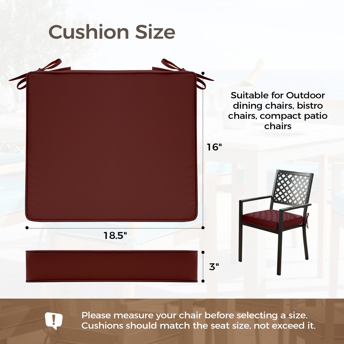 UNIKOME Outdoor Chair Cushions Set of 4, Water Resistant Patio Seat Cushions with Ties for Outdoor Furniture, High-Density Foam, UV & Fade Resistant, Piped Edge – 18.5" x 16" x 3", Wine Red