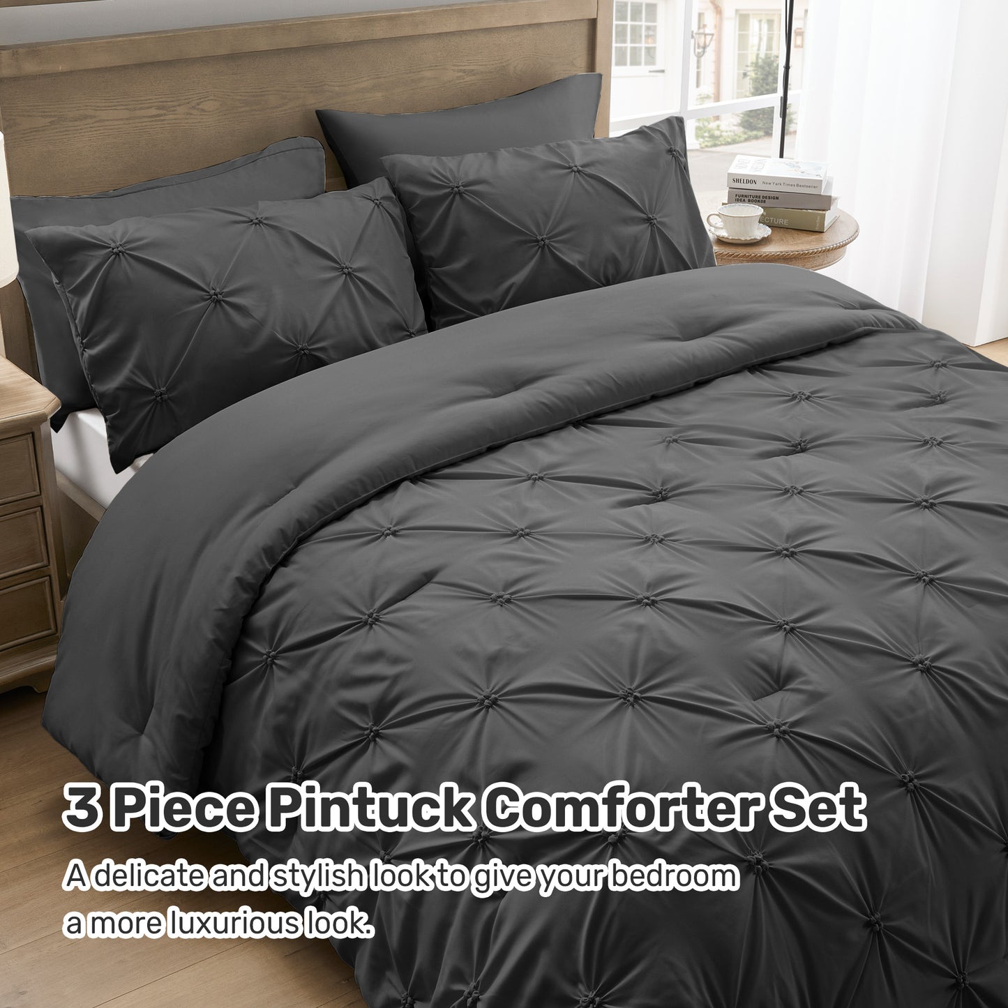 UNIKOME King Comforter Set Dark Gray - Ultra Soft Boho Pintuck Down Alternative Bedding Set for Winter, All Seasons, 3 Pieces Lightweight Warm Pinch Pleat Bed Set with Comforter, 2 Pillowcases