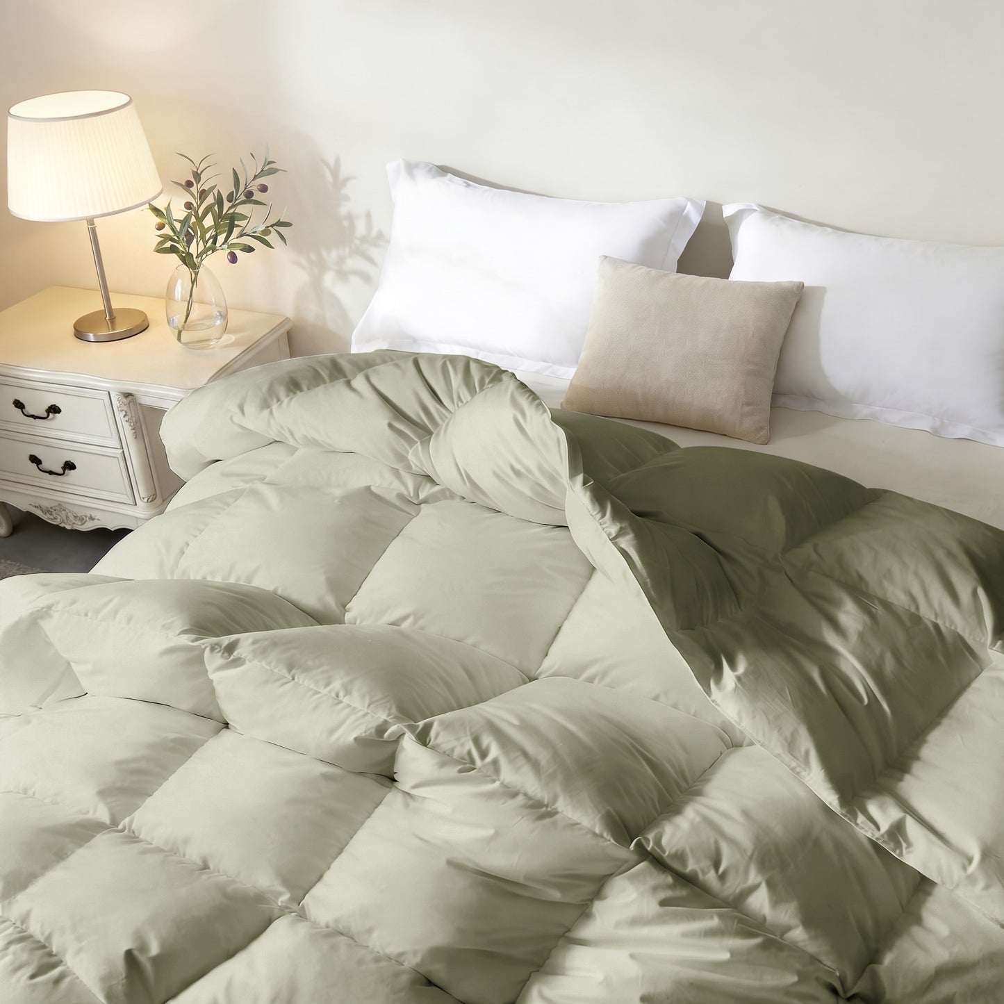 UNIKOME Goose Feather Down Fiber Comforter King Size, All Season Hotel Luxury Bedding Comforter, Ultra Soft Fluffy Duvet Insert with Downproof Cover, 8 Corner Loops (King, Sage Green, 104"X88")