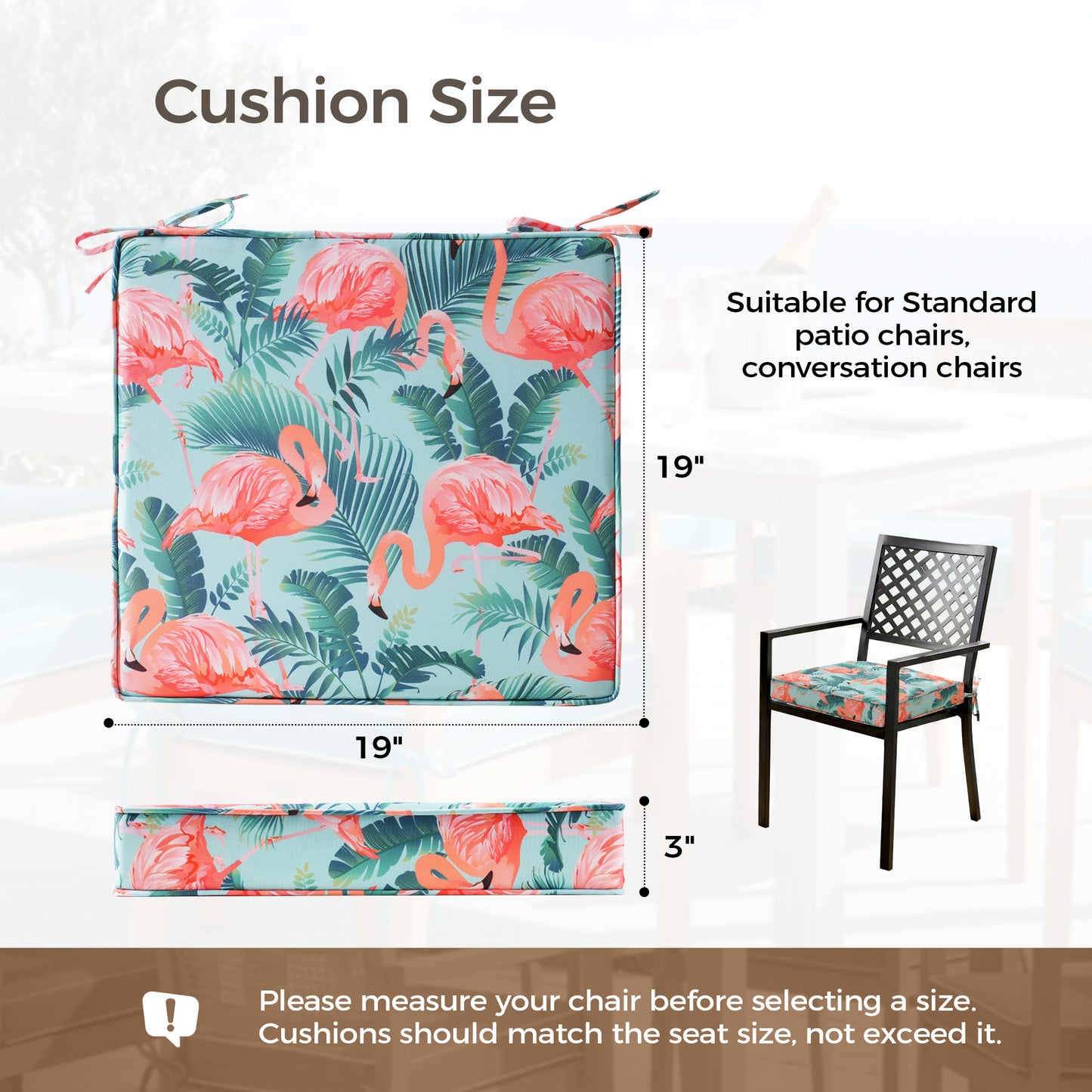UNIKOME Outdoor Chair Cushions Set of 4, Water Resistant Patio Seat Cushions with Ties for Outdoor Furniture, High-Density Foam, UV & Fade Resistant, Piped Edge – 19" x 19" x 3", Flamingos