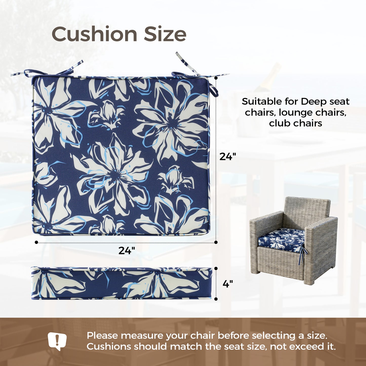 UNIKOME Outdoor Chair Cushions Set of 4, Water Resistant Patio Seat Cushions with Ties for Outdoor Furniture, High-Density Foam, UV & Fade Resistant, Piped Edge – 24" x 24" x 4", Blue-White Flower