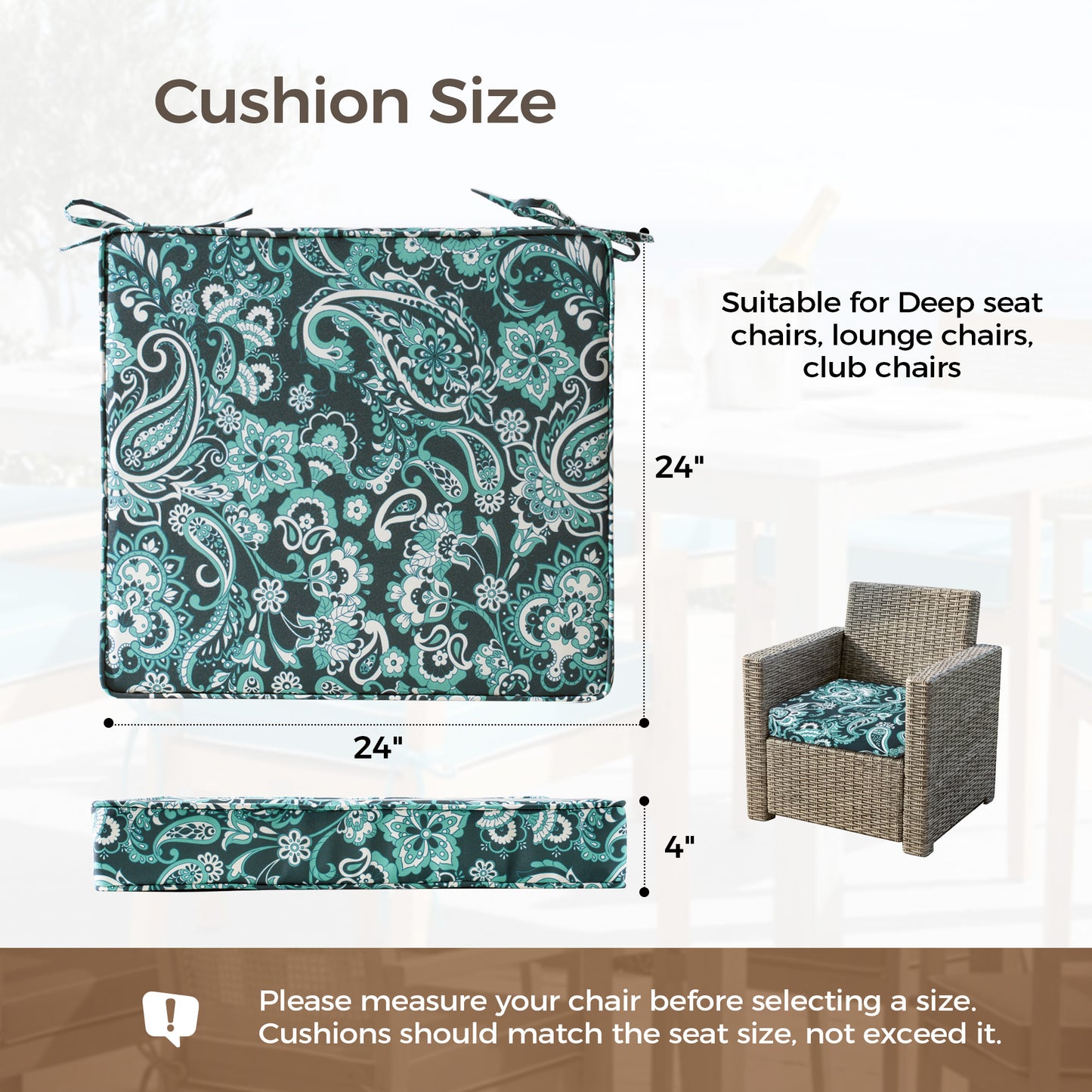 UNIKOME Outdoor Chair Cushions Set of 4, Water Resistant Patio Seat Cushions with Ties for Outdoor Furniture, High-Density Foam, UV & Fade Resistant, Piped Edge – 24" x 24" x 4", Boho Teal Paisley