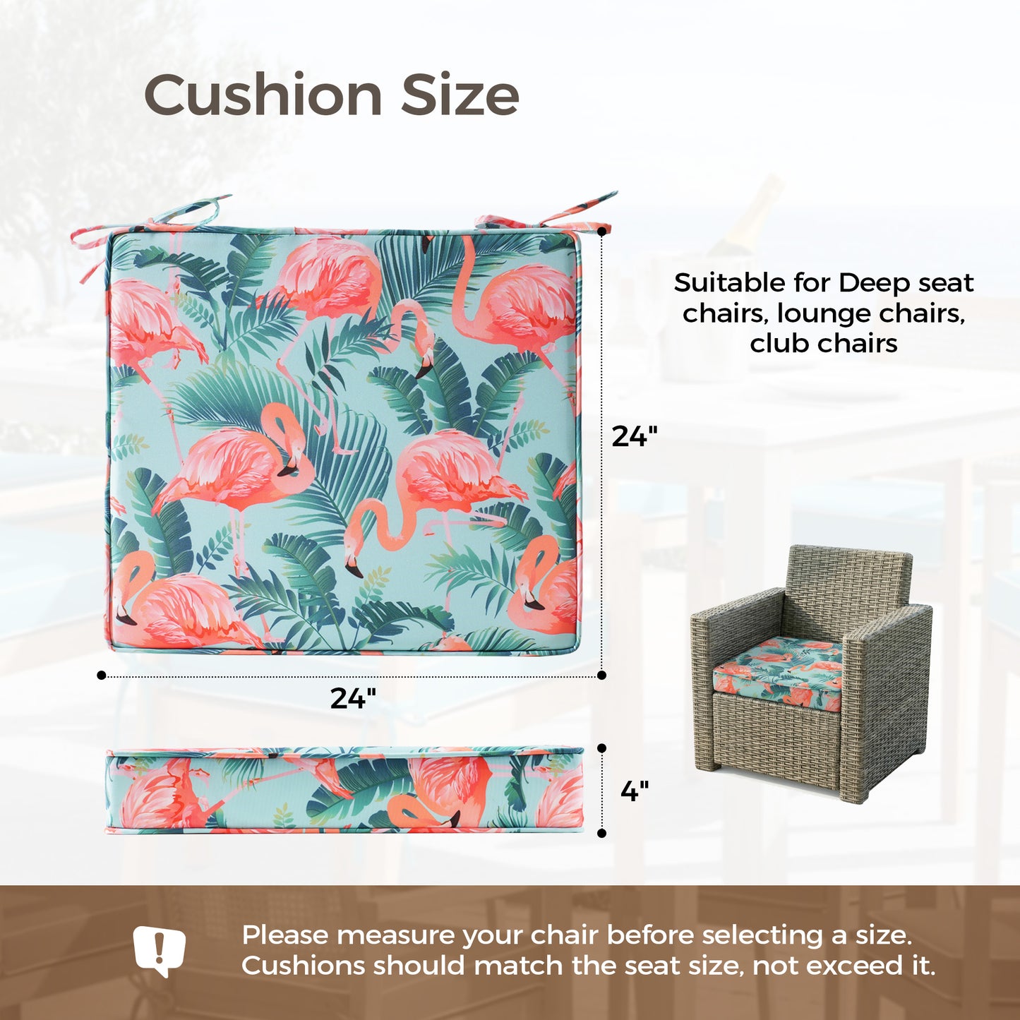 UNIKOME Outdoor Chair Cushions Set of 4, Water Resistant Patio Seat Cushions with Ties for Outdoor Furniture, High-Density Foam, UV & Fade Resistant, Piped Edge – 24" x 24" x 4", Flamingos