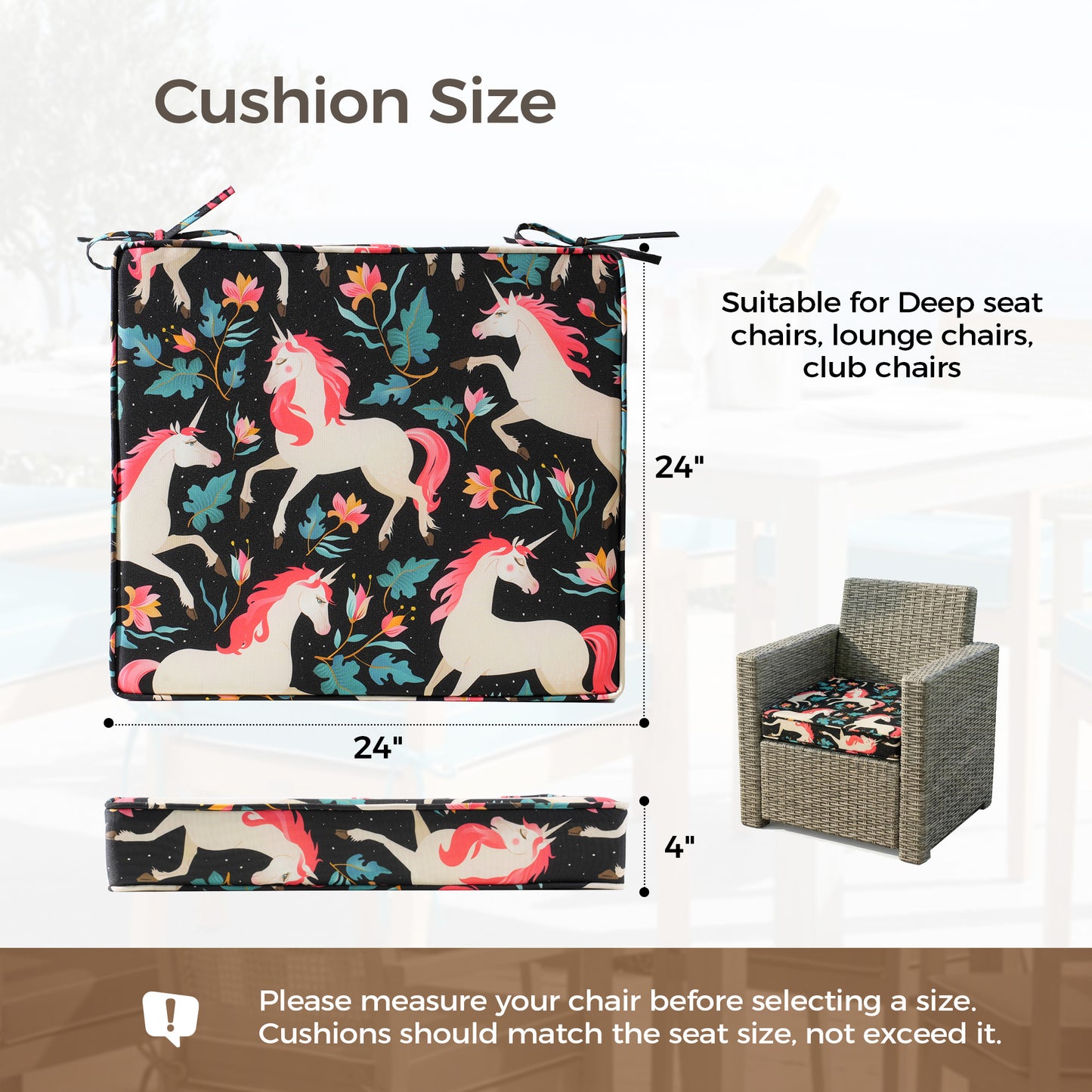 UNIKOME Outdoor Chair Cushions Set of 4, Water Resistant Patio Seat Cushions with Ties for Outdoor Furniture, High-Density Foam, UV & Fade Resistant, Piped Edge – 24" x 24" x 4", Unicorn