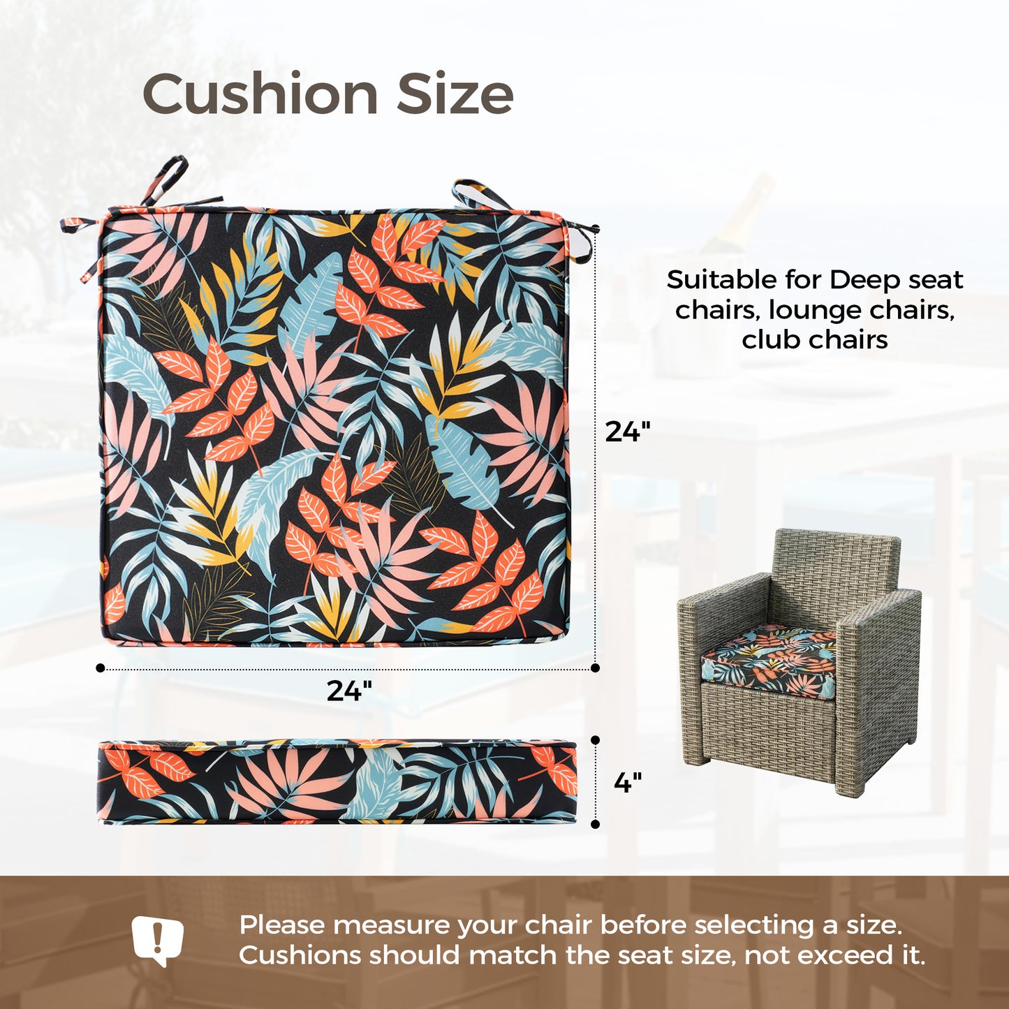 UNIKOME Outdoor Chair Cushions Set of 4, Water Resistant Patio Seat Cushions with Ties for Outdoor Furniture, High-Density Foam, UV & Fade Resistant, Piped Edge – 24" x 24" x 4", Colorful Leaves